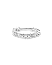 3.2mm Baguette Double wedding band with baguette diamond accents and a pavé diamond row set in gold at Princess Bride Diamonds jewelry store in Orange County