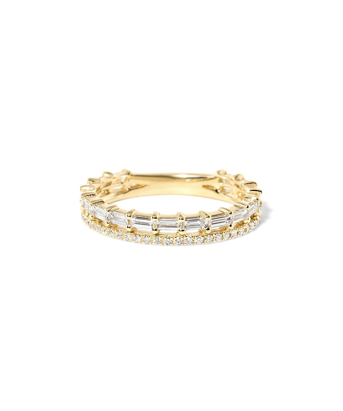 3.2mm Baguette Double wedding band with baguette diamond accents and a pavé diamond row set in gold at Princess Bride Diamonds jewelry store in Orange County
