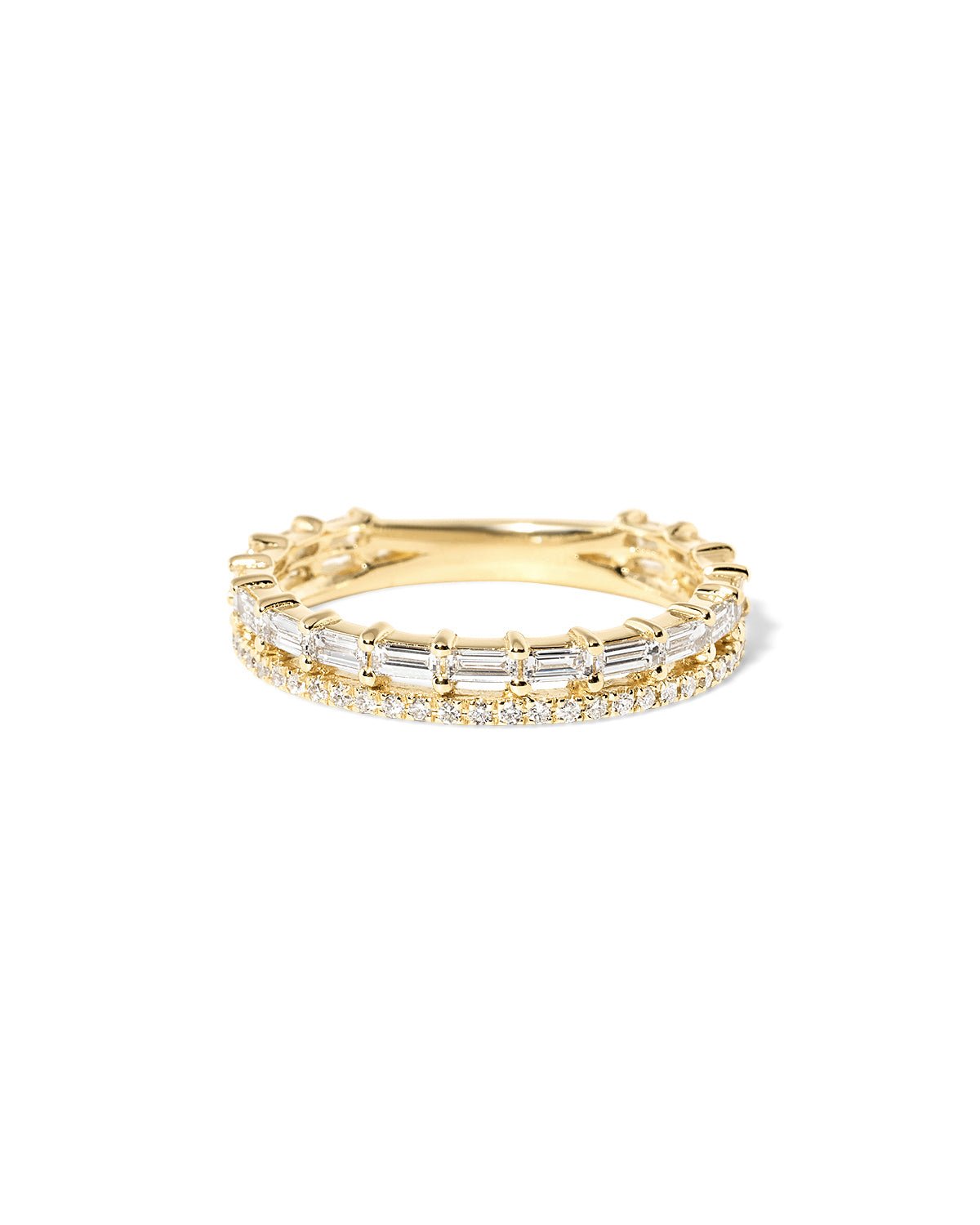 3.2mm Baguette Double wedding band with baguette diamond accents and a pavé diamond row set in gold at Princess Bride Diamonds jewelry store in Orange County