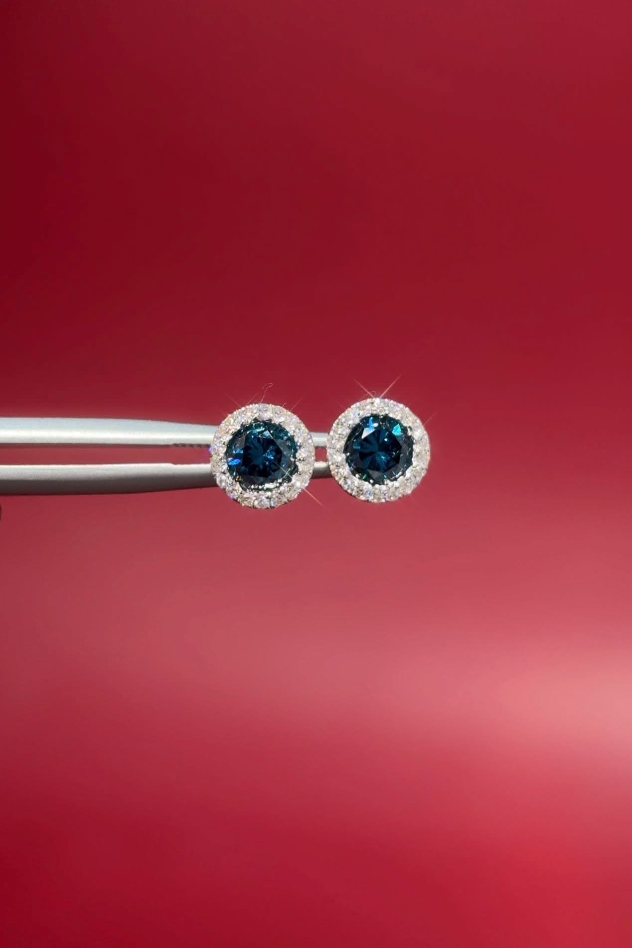 Blue Diamond Halo Studs - PBD Earrings