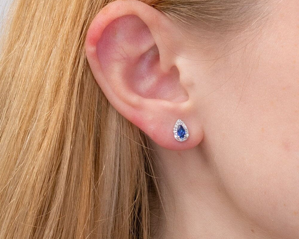 Blue Sapphire & Diamond Halo Studs Earrings Princess Bride Diamonds 