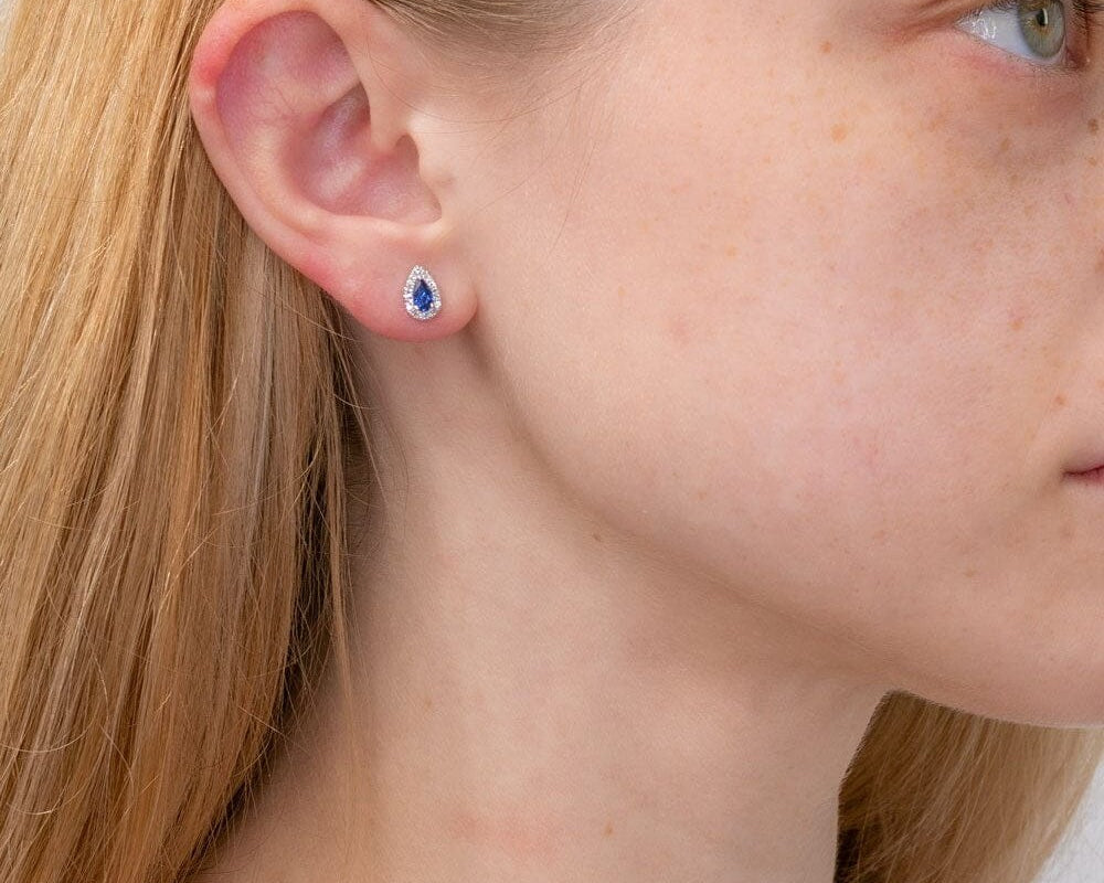 Blue Sapphire & Diamond Halo Studs Earrings Princess Bride Diamonds 