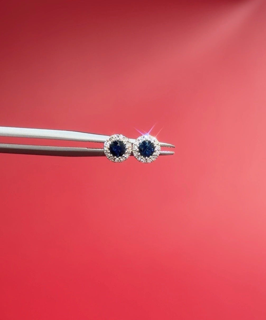 Blue Sapphire Halo Studs - PBD Earrings