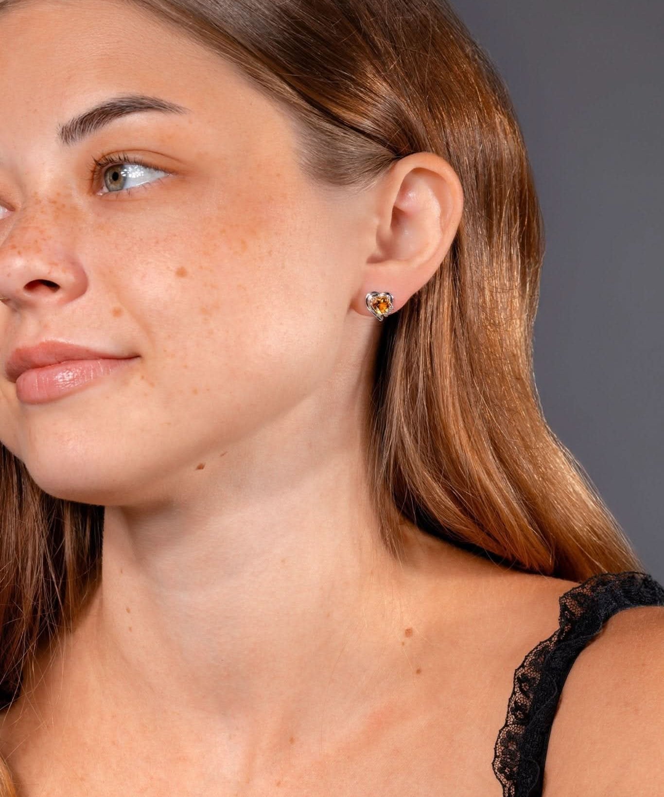 Citrine & Diamond Heart Studs - PBD Earrings
