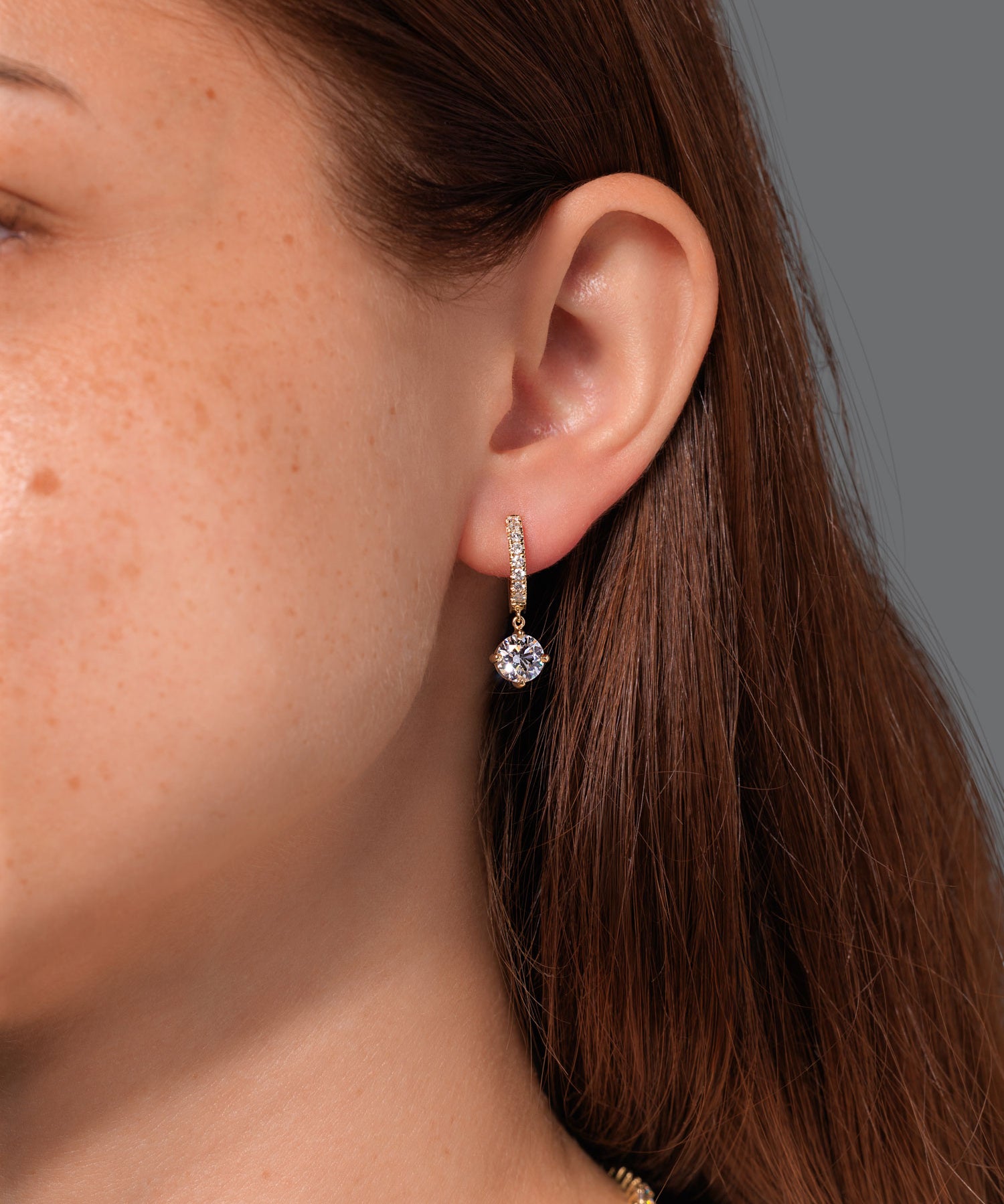 Compass Set Round Diamond Drop Hoops Yellow Gold on model 