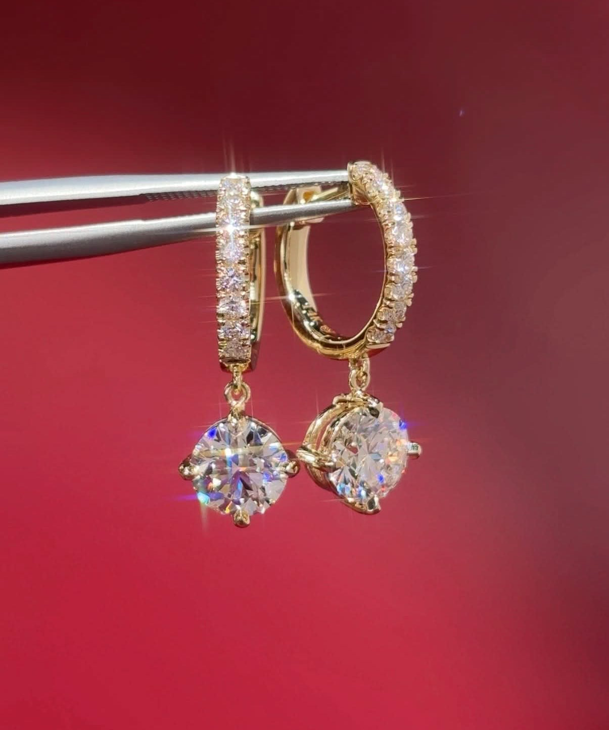 Compass Set Round Diamond Drop Hoops Yellow Gold - PBD Earrings