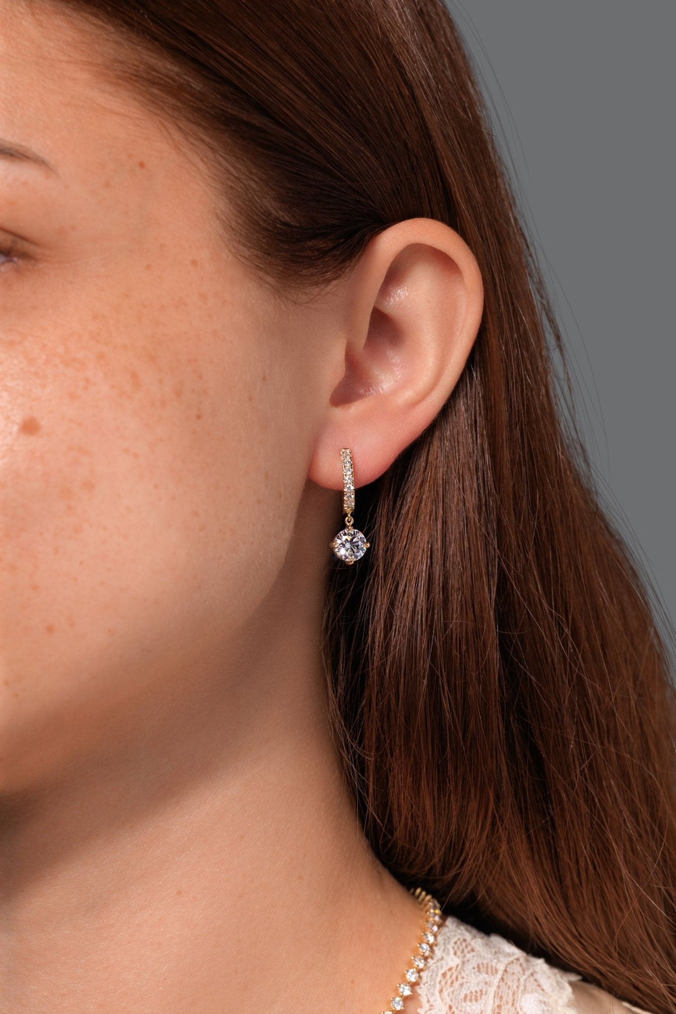 Compass Set Round Diamond Drop Hoops Yellow Gold - PBD Earrings