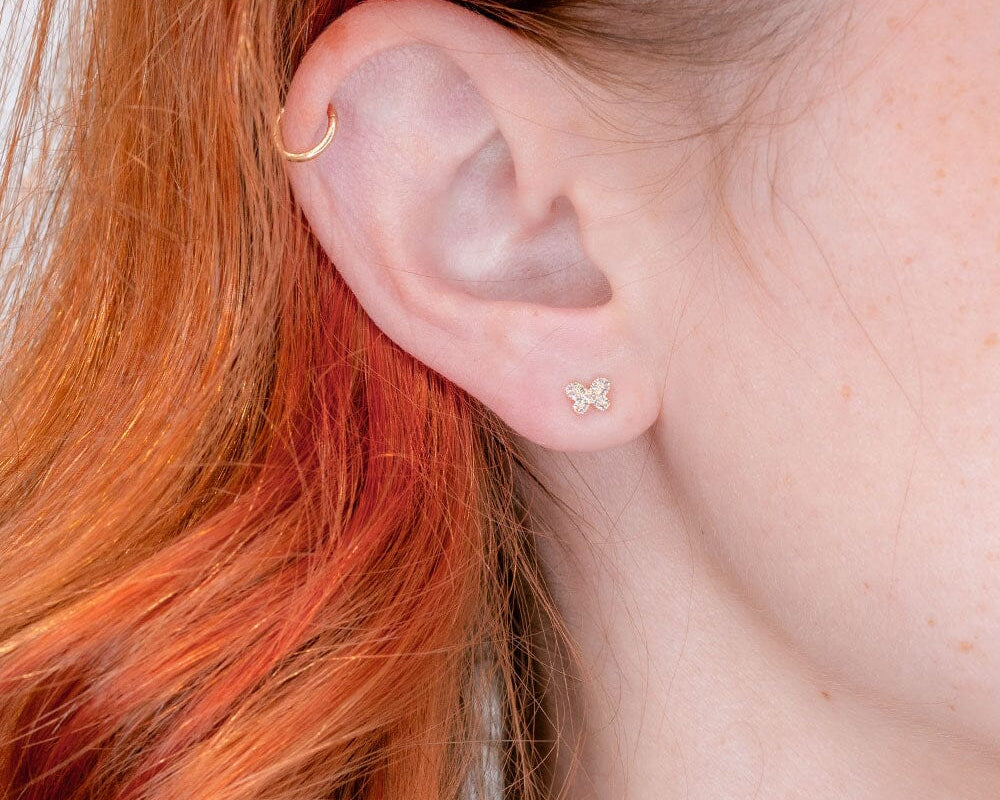Dainty Yellow Gold Butterfly Studs Earrings Princess Bride Diamonds 