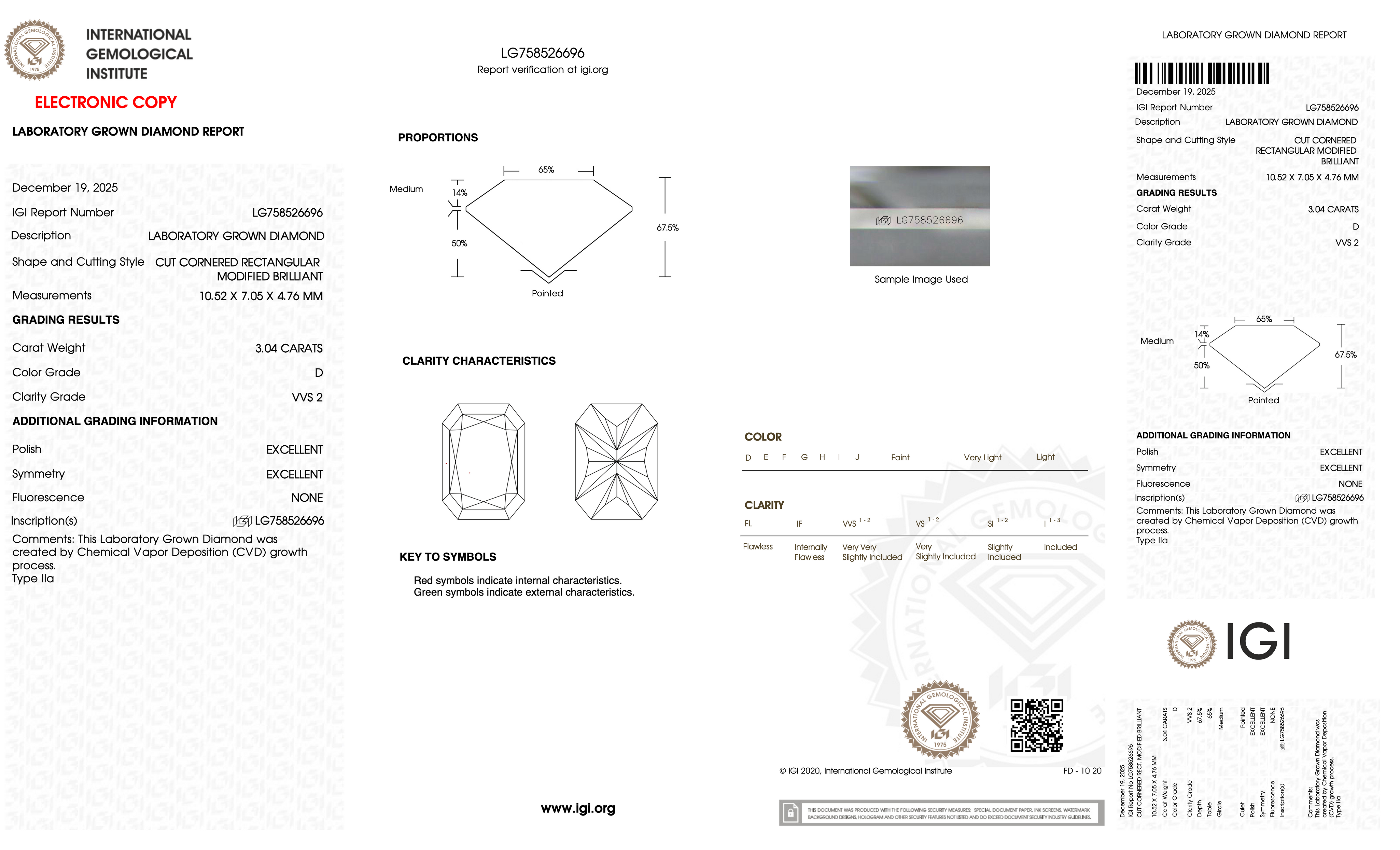3.04 Carat D-VVS2 Radiant Lab Grown Diamond - IGI (#128347)