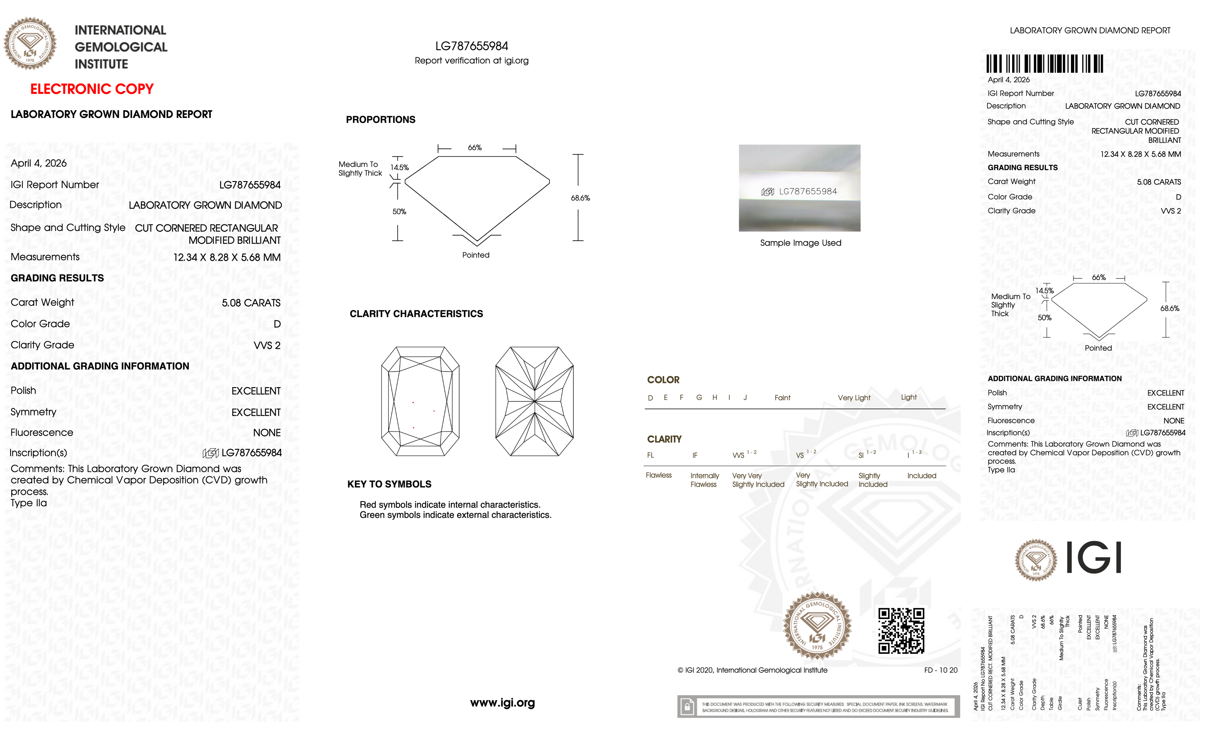 5.08 Carat D-VVS2 Radiant Lab Grown Diamond - IGI (#128346)