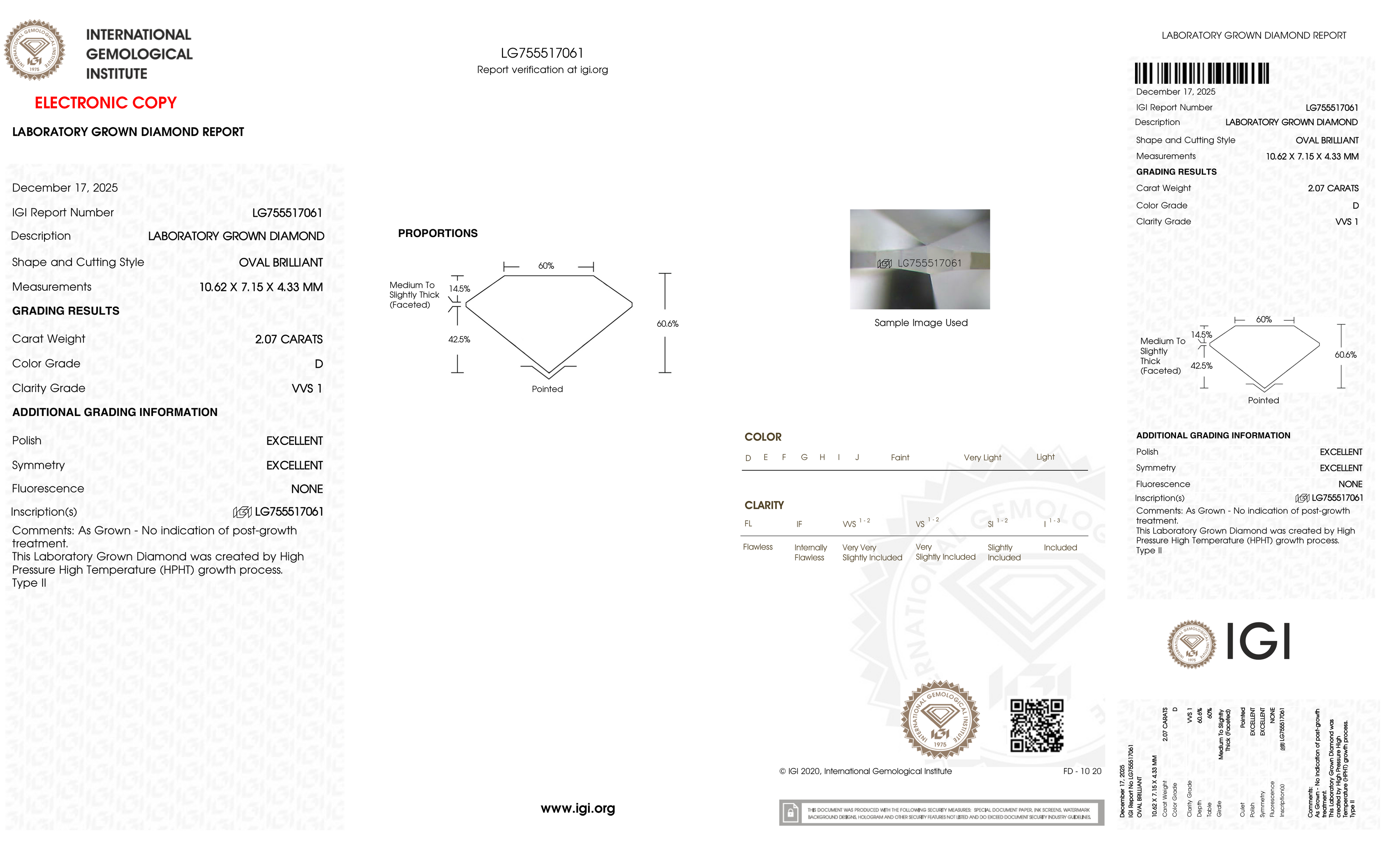 2.07 Carat D-VVS1 Oval Lab Grown Diamond - IGI (#127495)