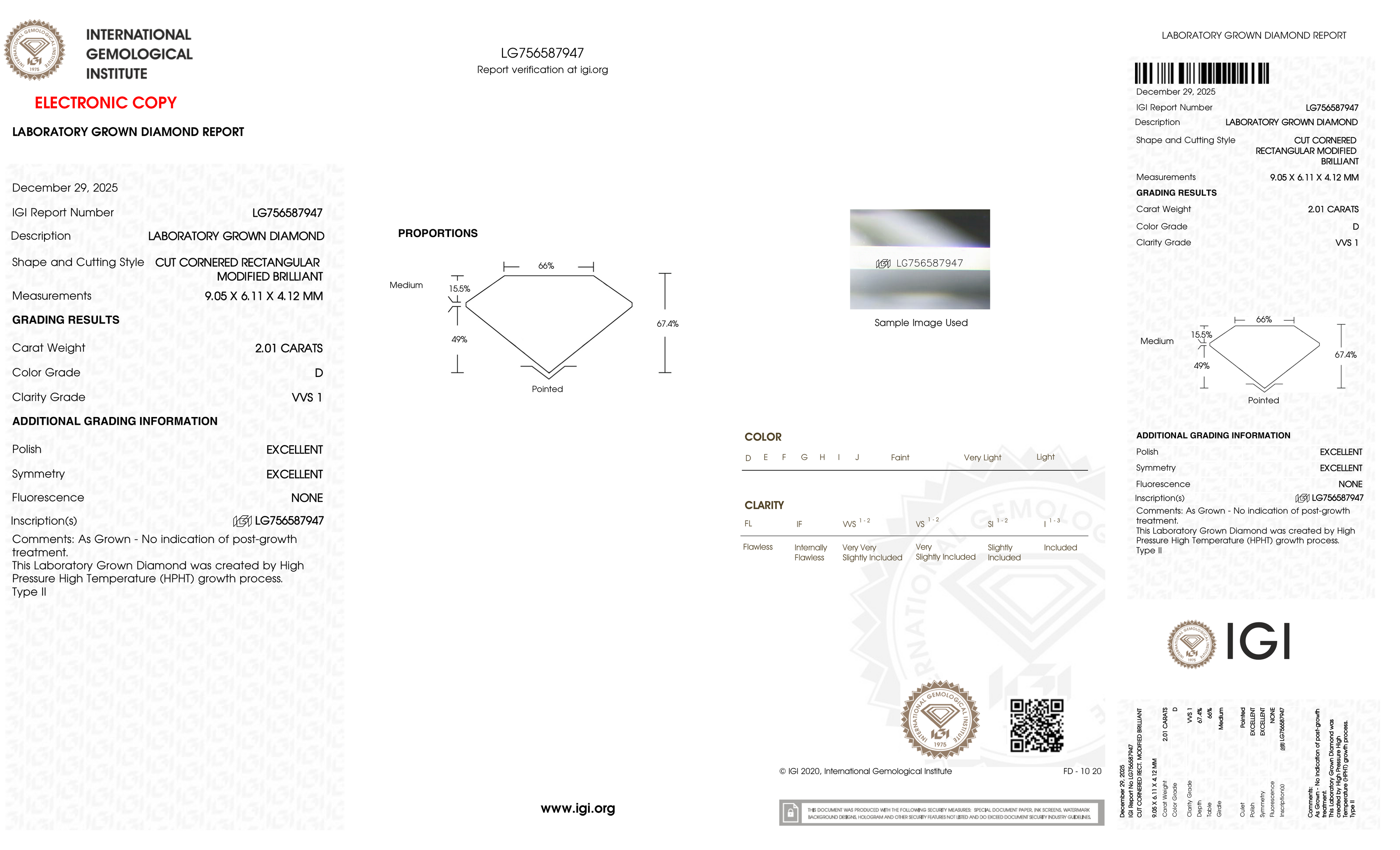 2.01 Carat D-VVS1 Radiant Lab Grown Diamond - IGI (#127293)