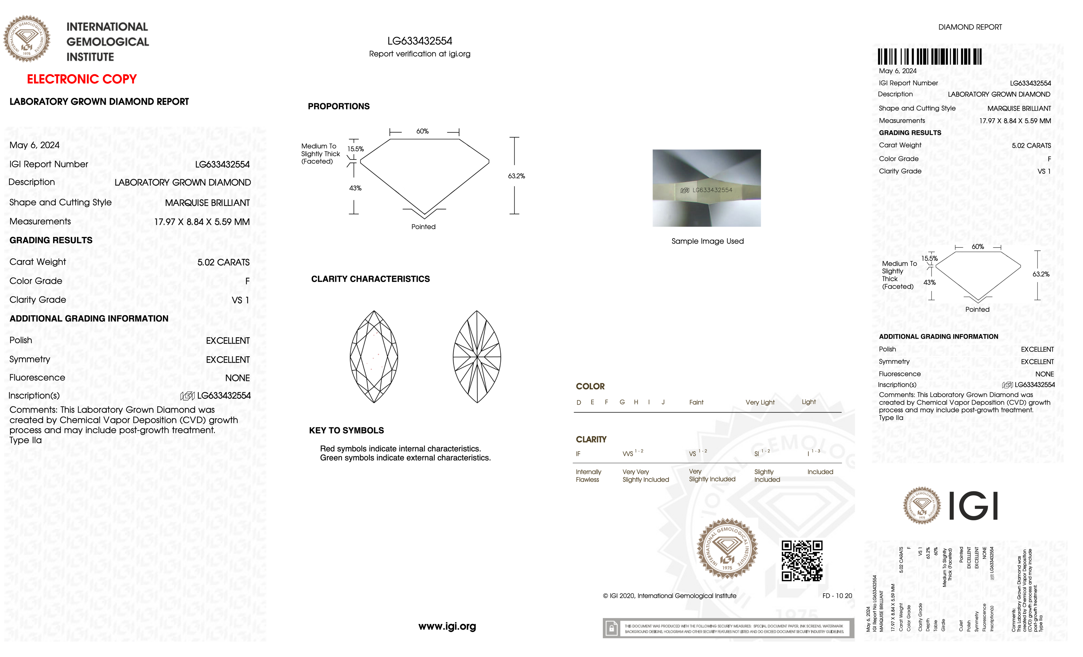 5.02 Carat F-VS1 Marquise Lab Grown Diamond - IGI (#128471)