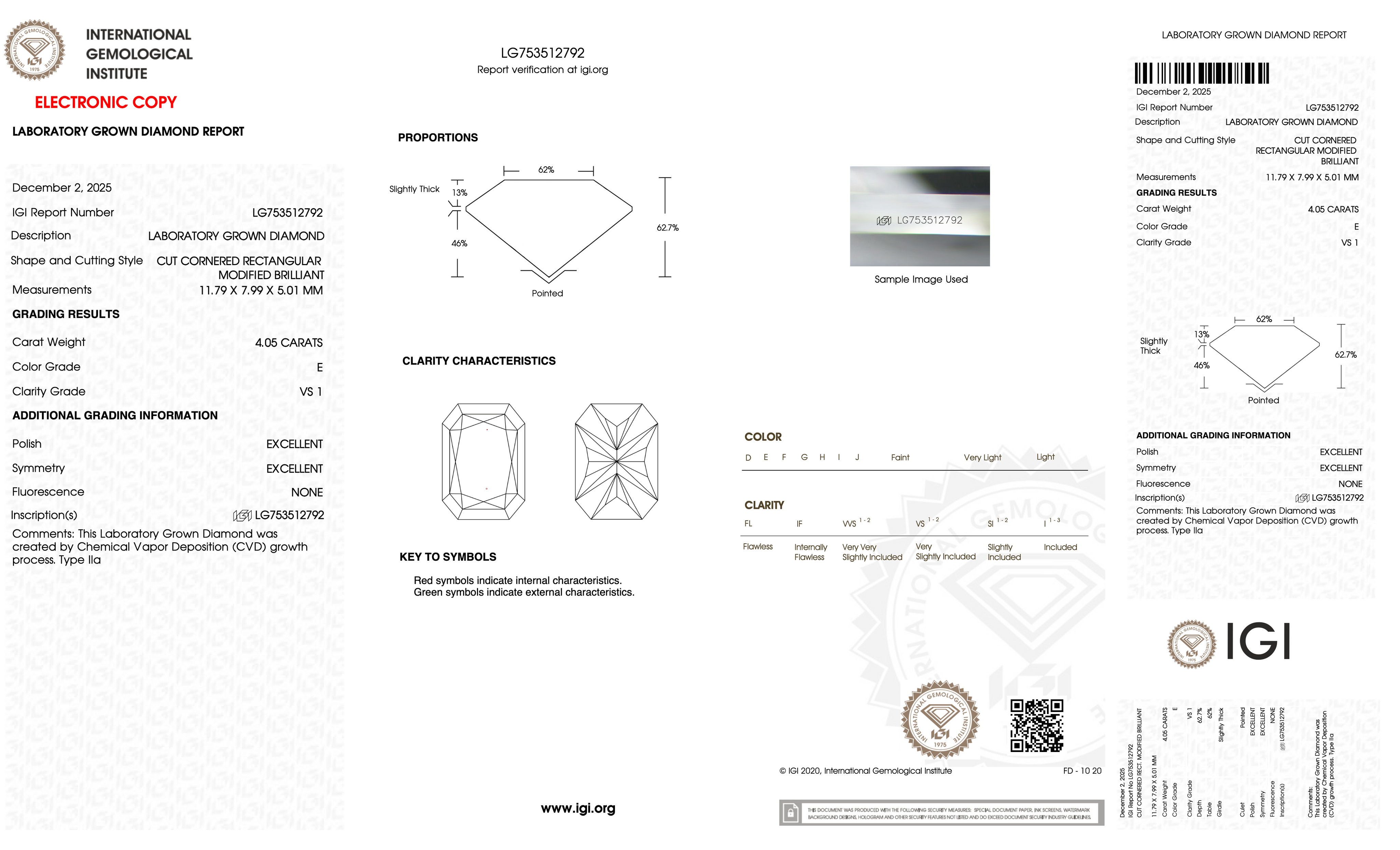 4.05 Carat E-VS1 Radiant Lab Grown Diamond - IGI (#128318)