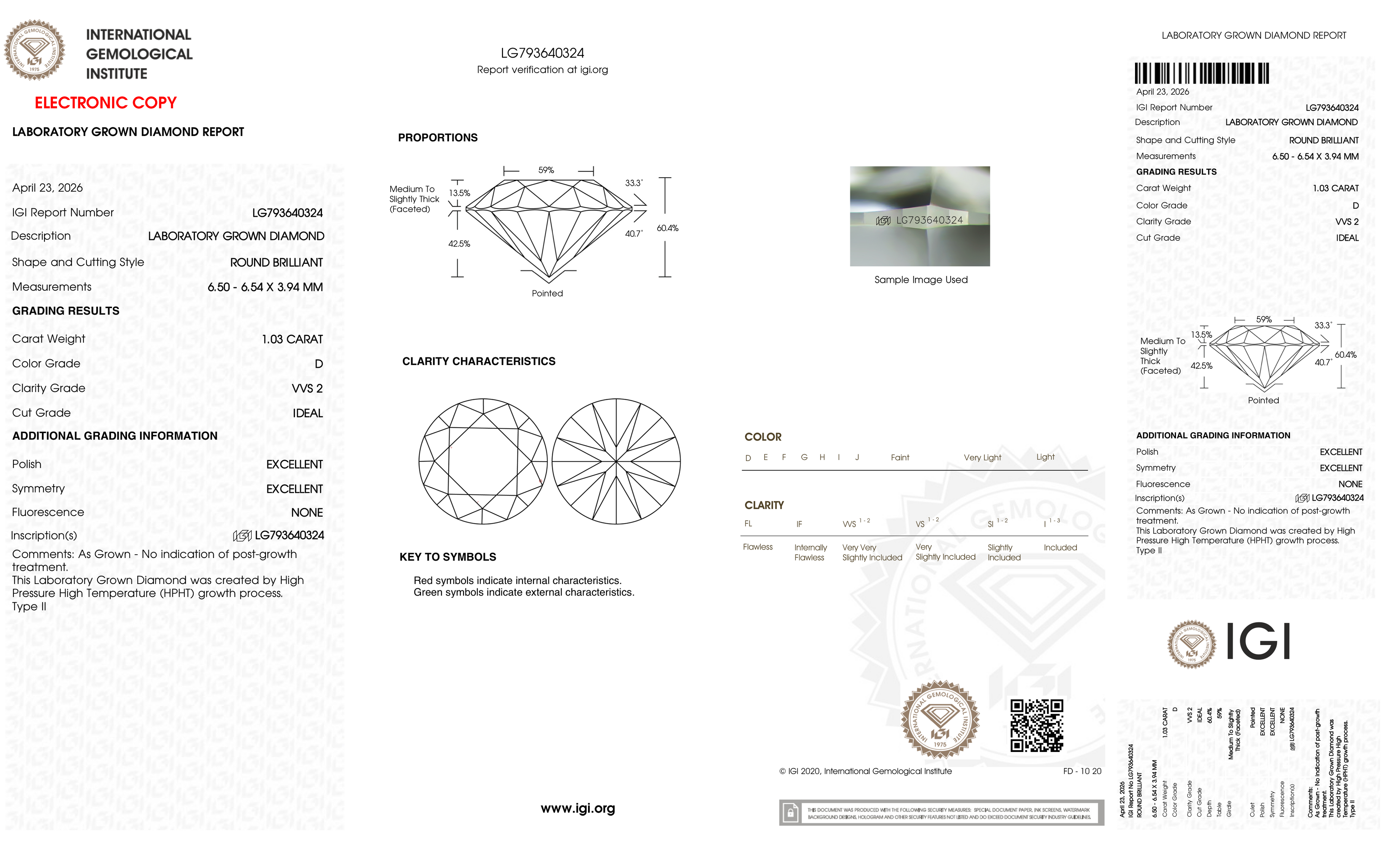 1.03 Carat D-VVS2 Round Lab Grown Diamond - IGI (#127260)