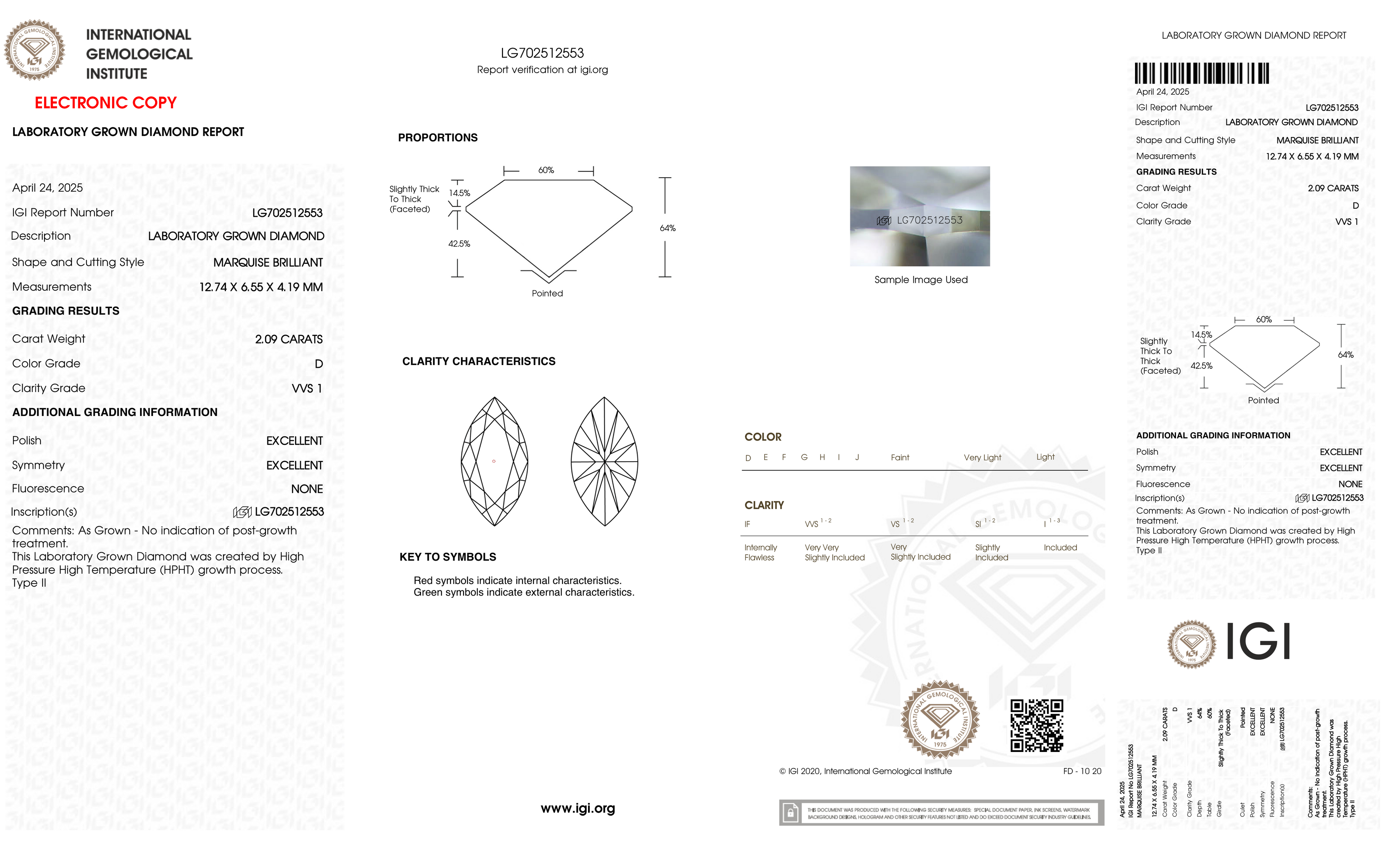 2.09 Carat D-VVS1 Marquise Lab Grown Diamond - IGI (#127500)