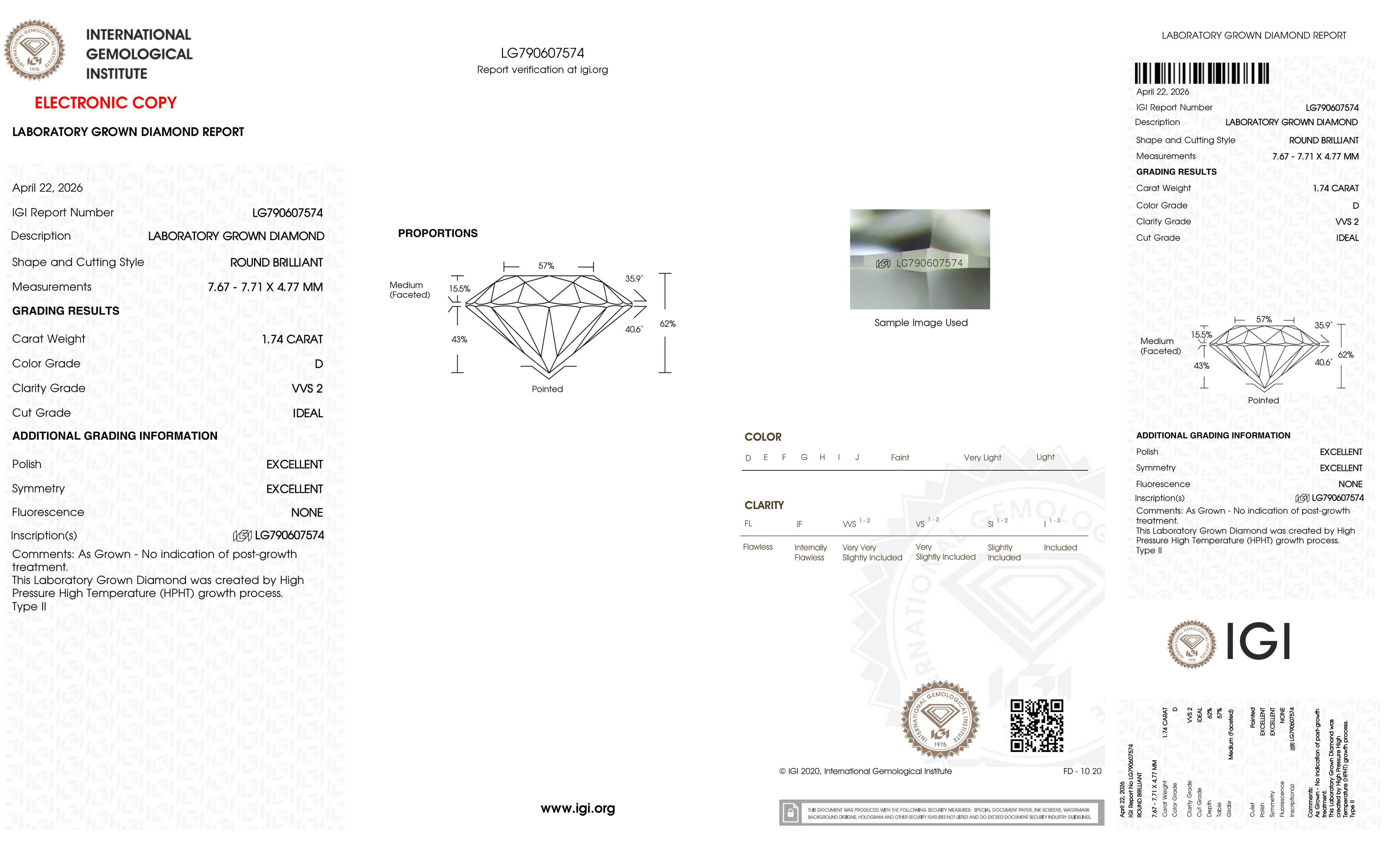 1.74 Carat D-VVS2 Round Lab Grown Diamond - IGI (#127279)