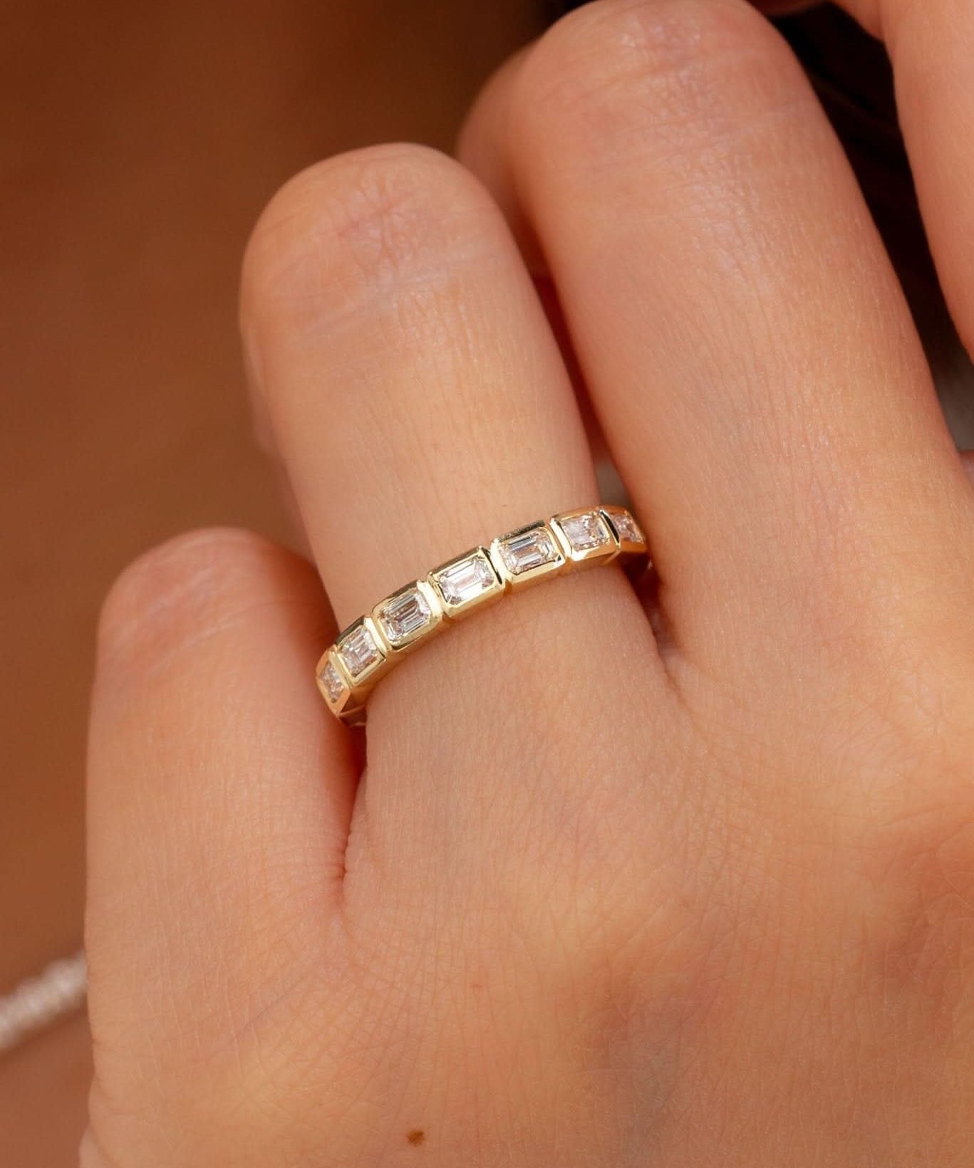 East - West Emerald Bezel Diamond Ring - PBD Rings