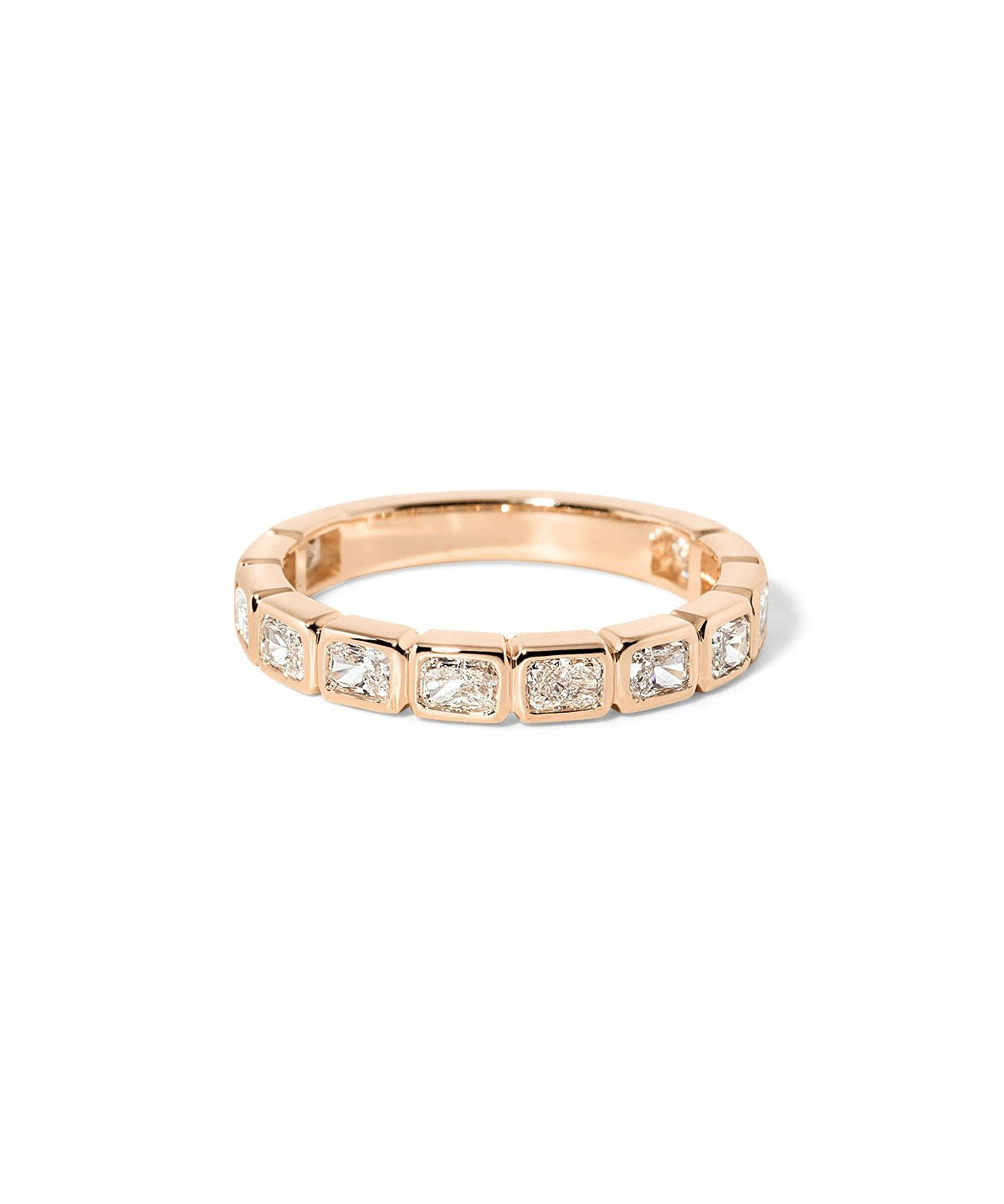 Radiant bezel diamond wedding band with bezel-set radiant diamonds in polished gold at Princess Bride Diamonds jewelry store in Orange County
