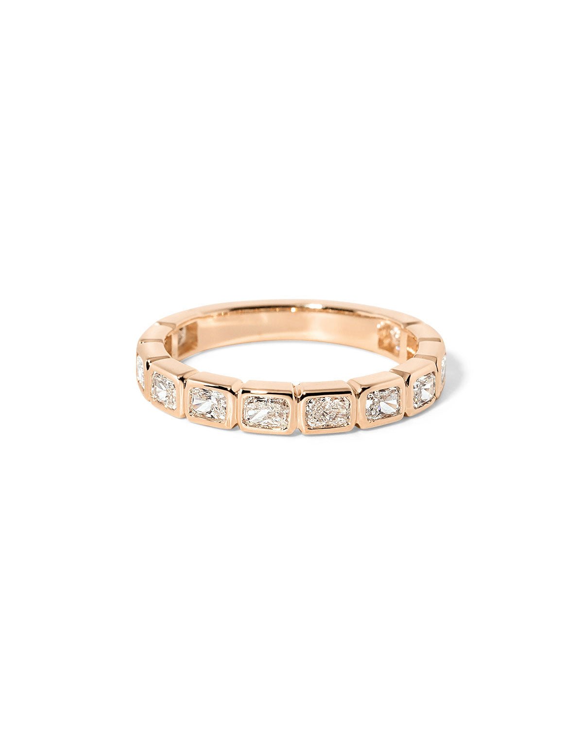 Radiant bezel diamond wedding band with bezel-set radiant diamonds in polished gold at Princess Bride Diamonds jewelry store in Orange County