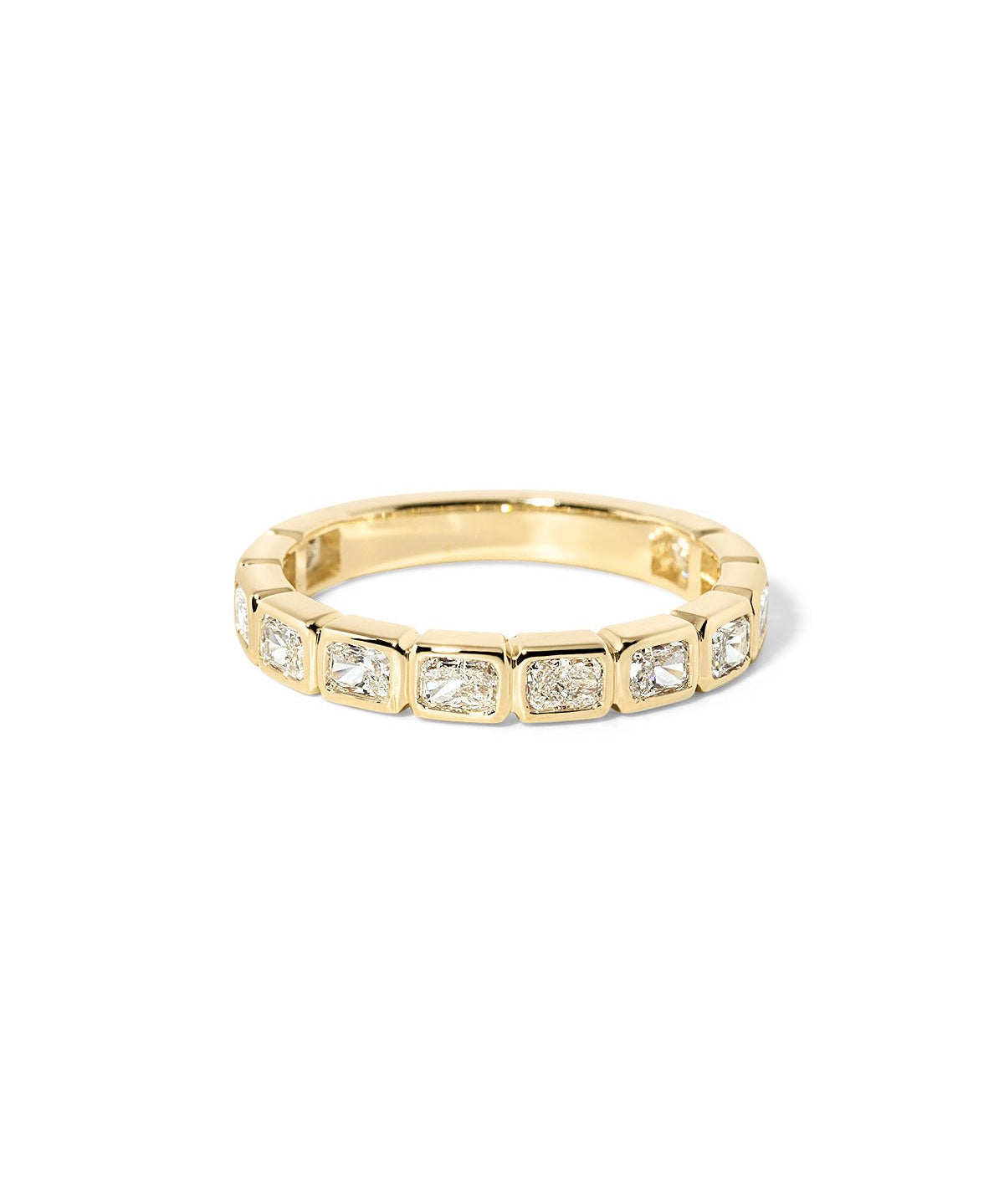 Radiant bezel diamond wedding band with bezel-set radiant diamonds in polished gold at Princess Bride Diamonds jewelry store in Orange County