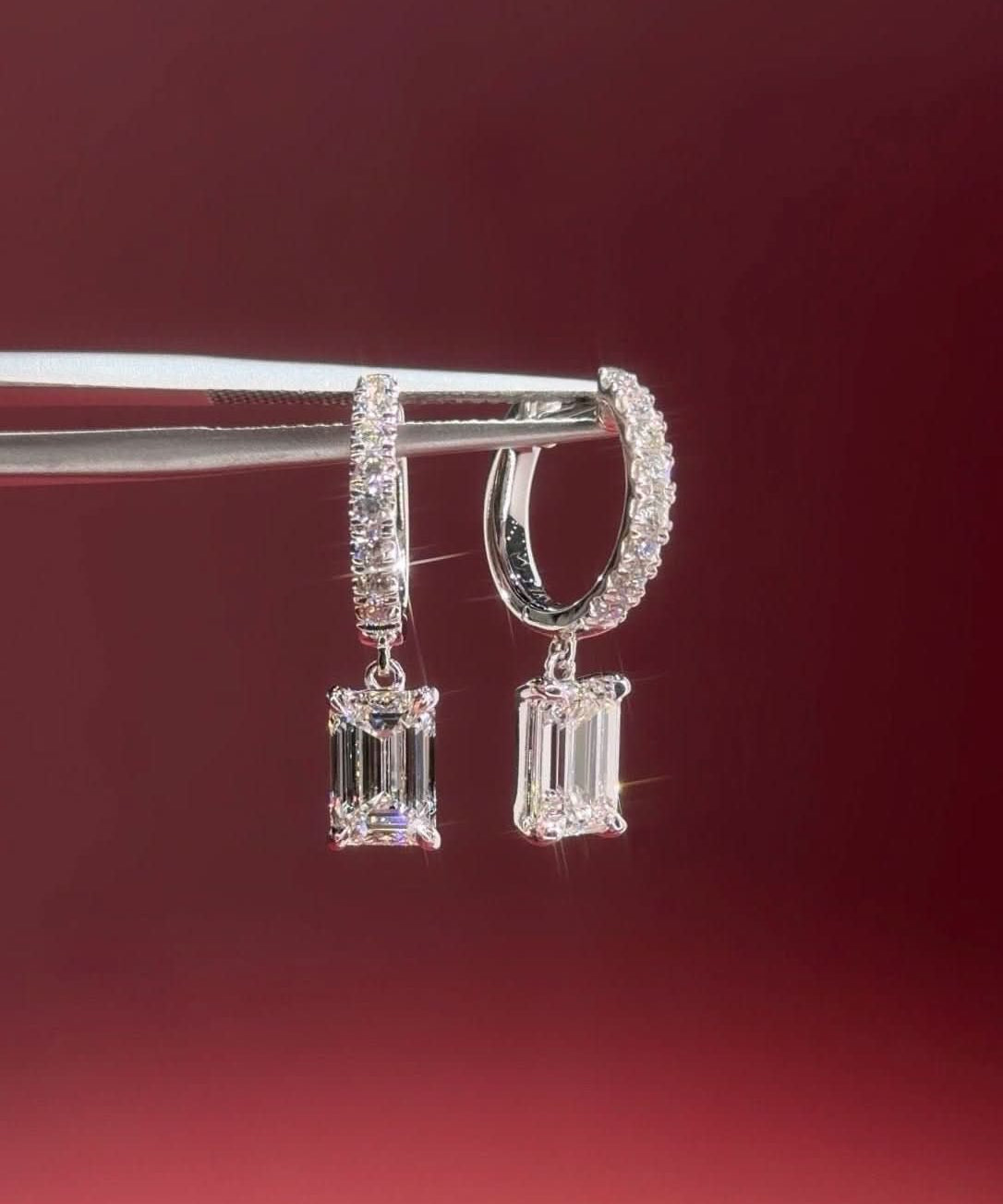 Emerald Diamond Drop Hoops White Gold - PBD Earrings