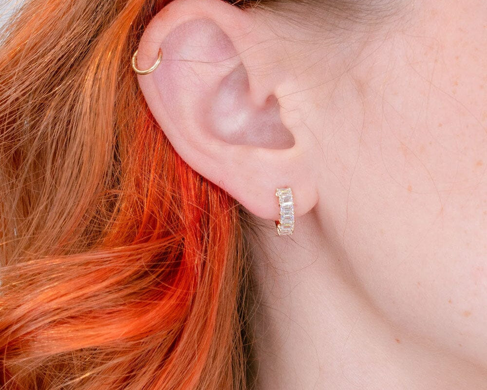 Emerald Lab Diamond Huggies 14k Yellow Gold Earrings Princess Bride Diamonds 