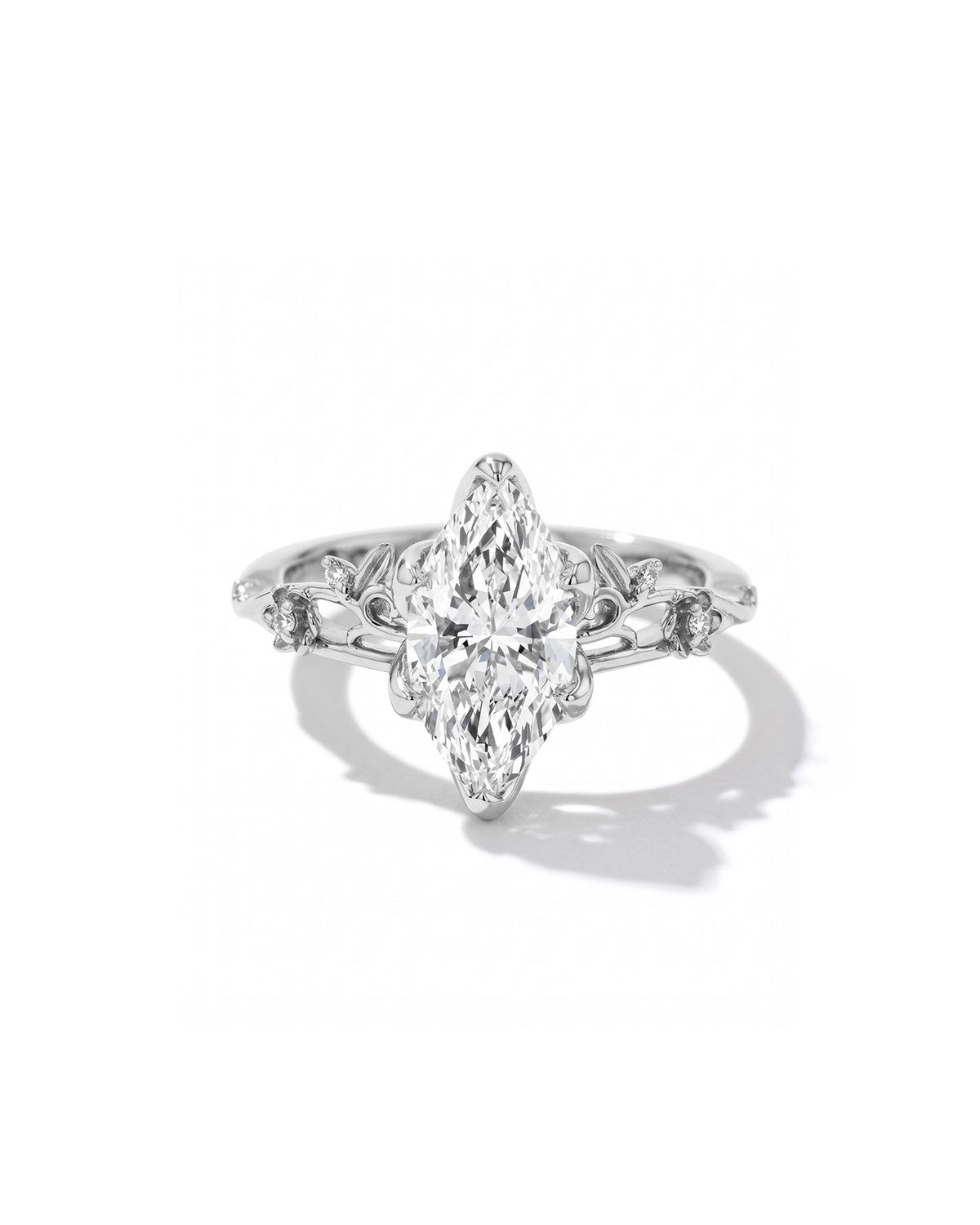 Eryn Marquise engagement ring in 14K white gold, marquise lab diamond with petal prongs and floating diamonds