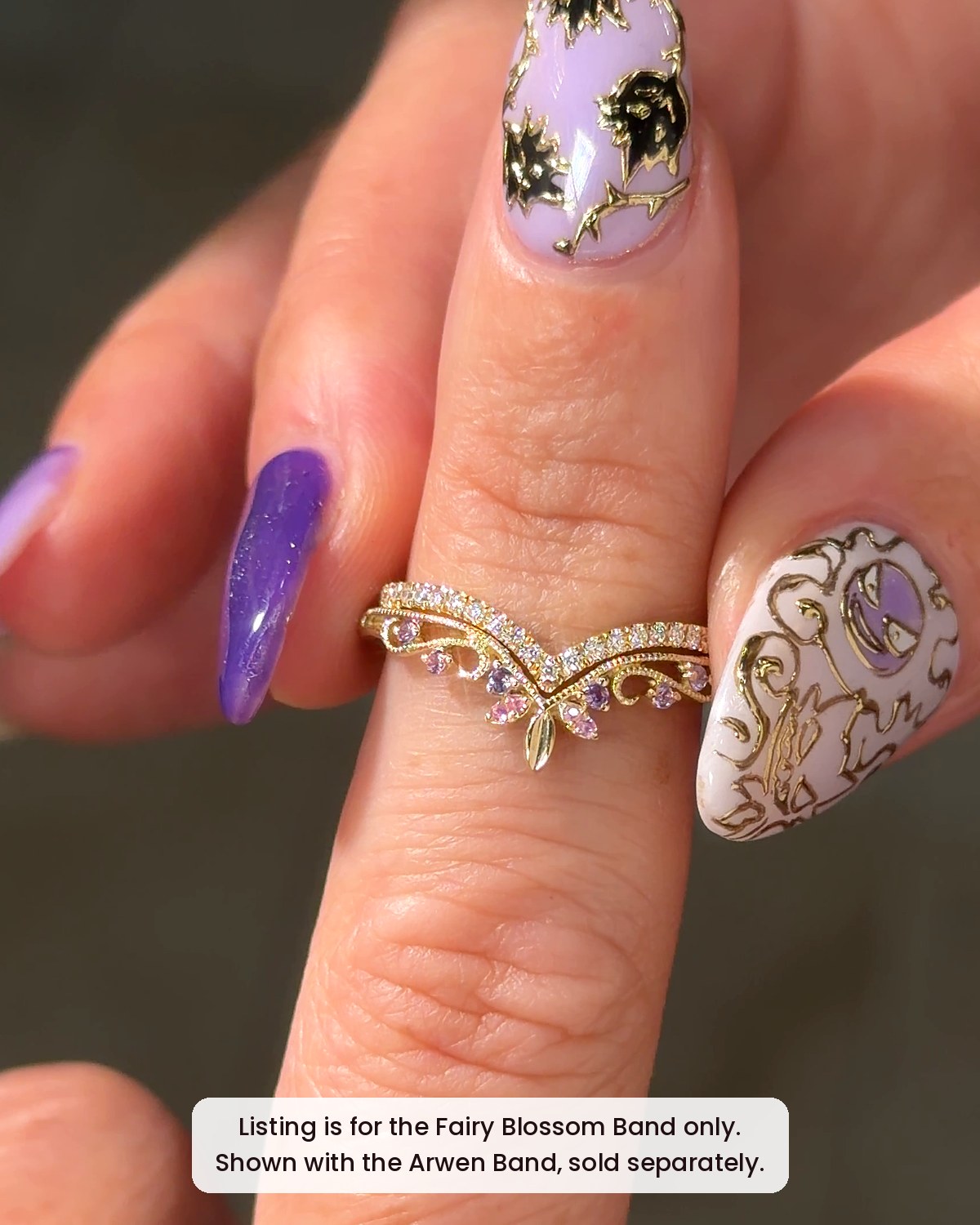 Fairy Blossom Band stacked under the Arwen Band, sold separately, in 14K yellow gold