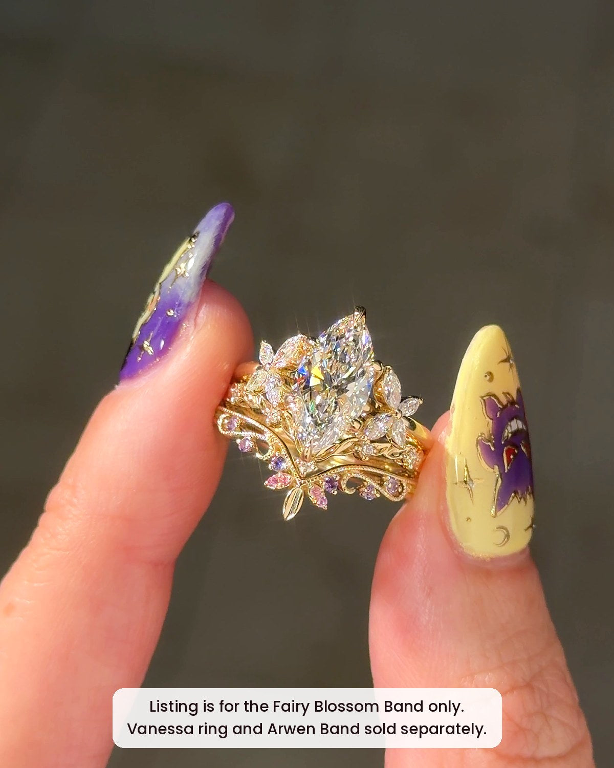 Close-up of the Fairy Blossom Band with the Vanessa engagement ring, sold separately