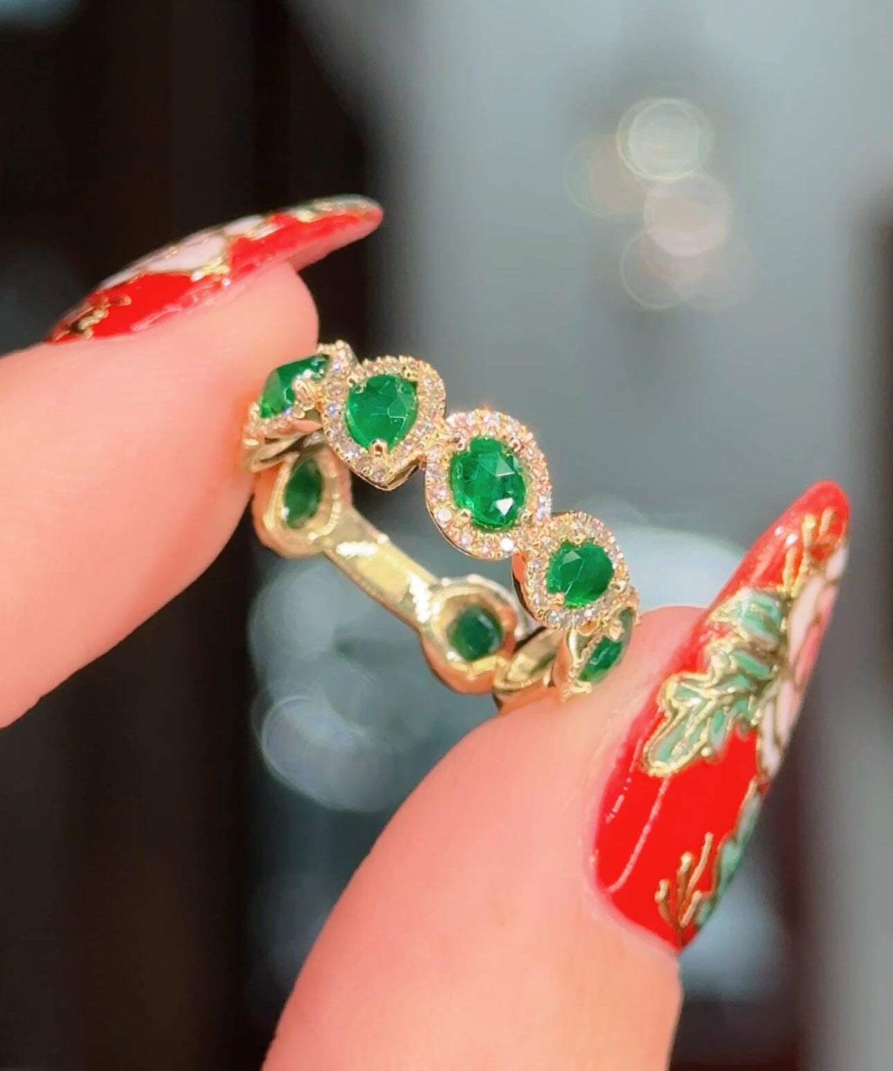 Freeform Natural Emerald and Diamond Halo Ring Rings Princess Bride Diamonds 