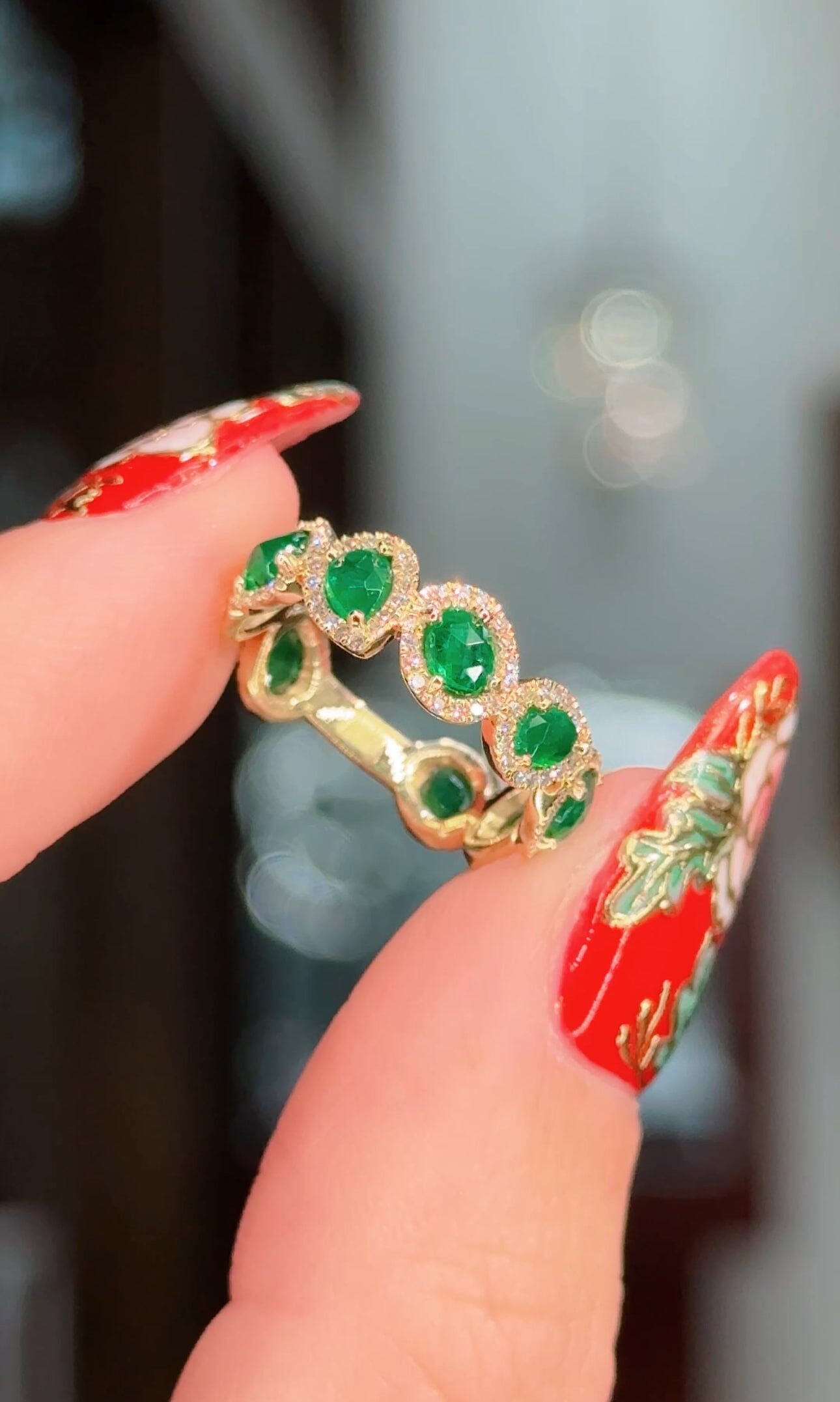 Freeform Natural Emerald and Diamond Halo Ring Rings Princess Bride Diamonds 