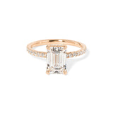 Kayla Emerald Engagement Ring with a diamond hidden halo and classic pave band featuring lab grown diamond side stones in solid yellow gold at princess bride diamonds in huntington beach california rose gold 