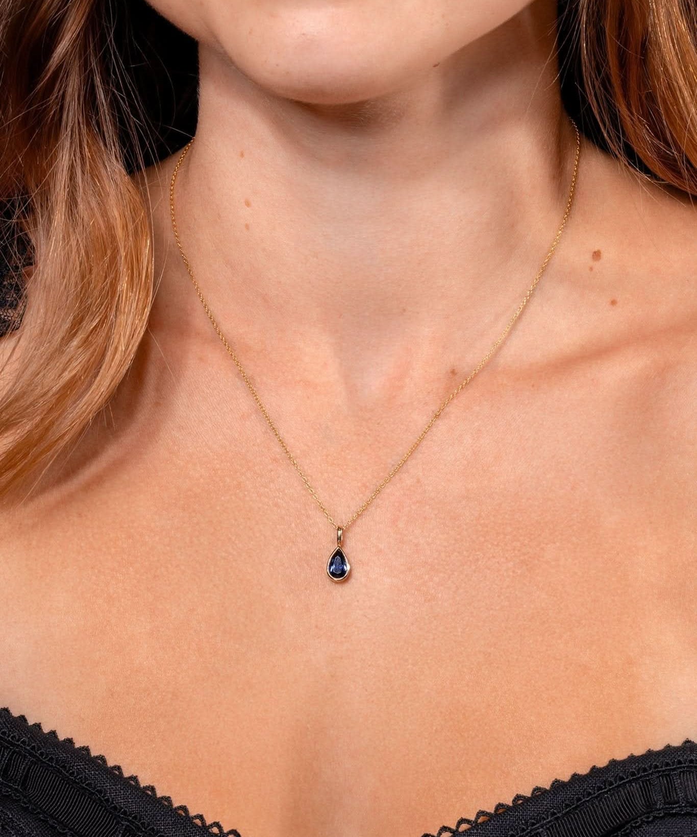 Lab Sapphire Pear Bezel Necklace 14k Yellow Gold - PBD Necklaces