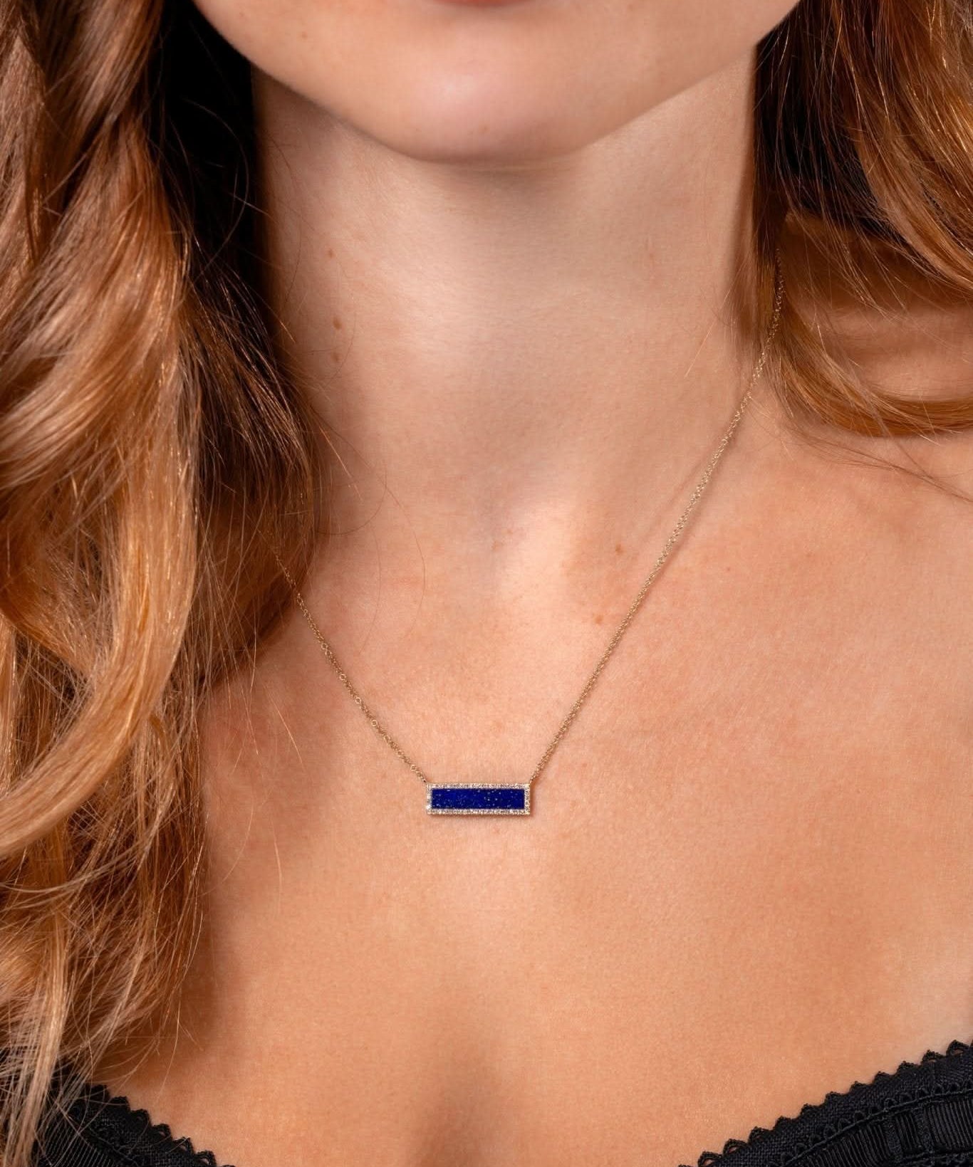 Lapis Inlay Bar Pavé Diamond Halo Necklace - PBD Necklaces