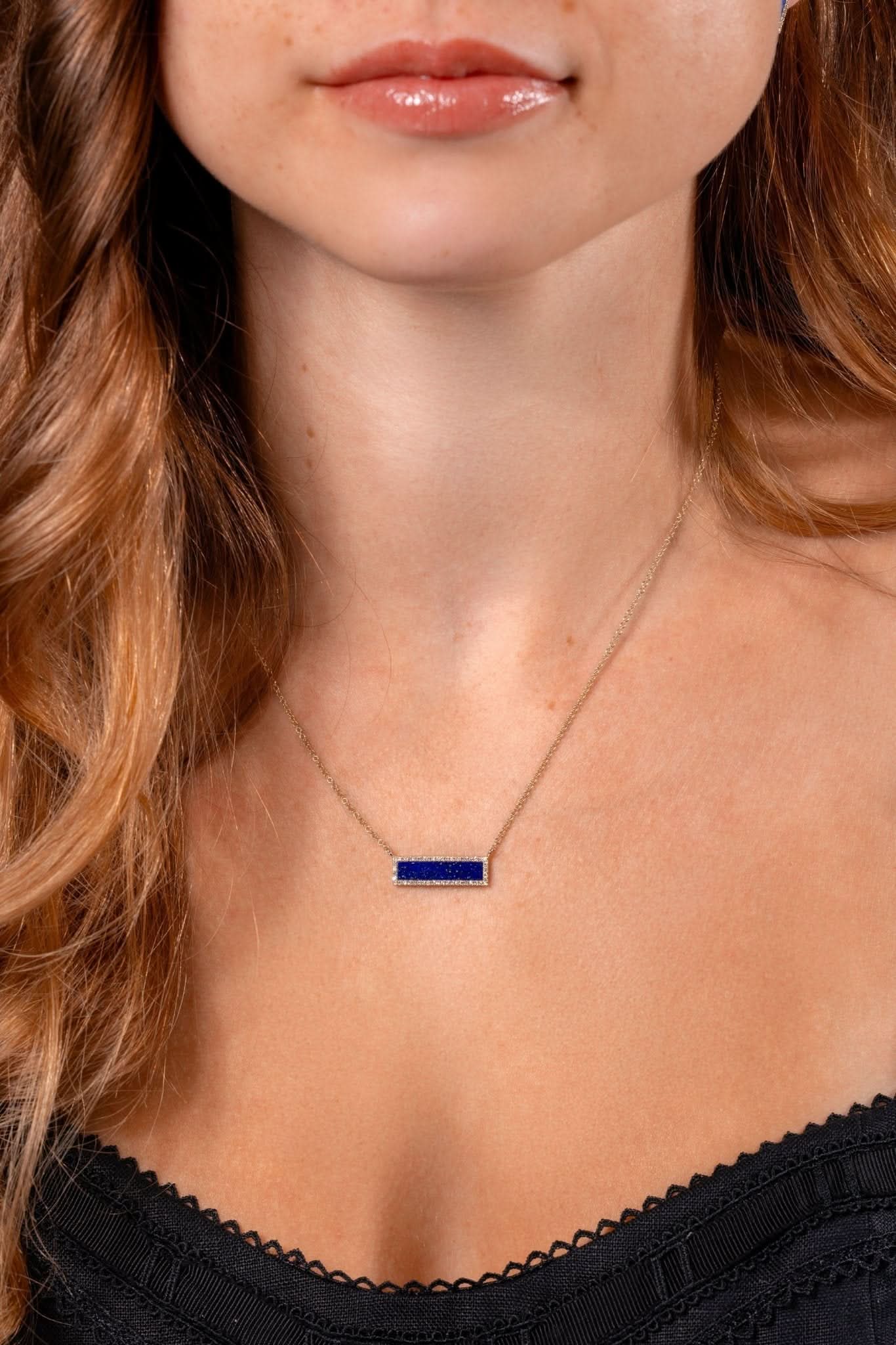 Lapis Inlay Bar Pavé Diamond Halo Necklace - PBD Necklaces