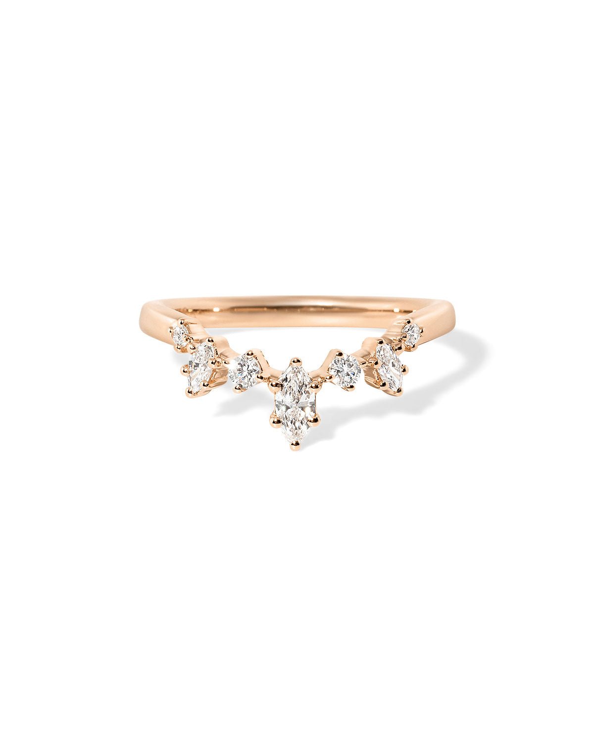 Chevron constellation wedding band with marquise and round diamonds in a celestial pattern set in gold at Princess Bride Diamonds jewelry store in Orange County