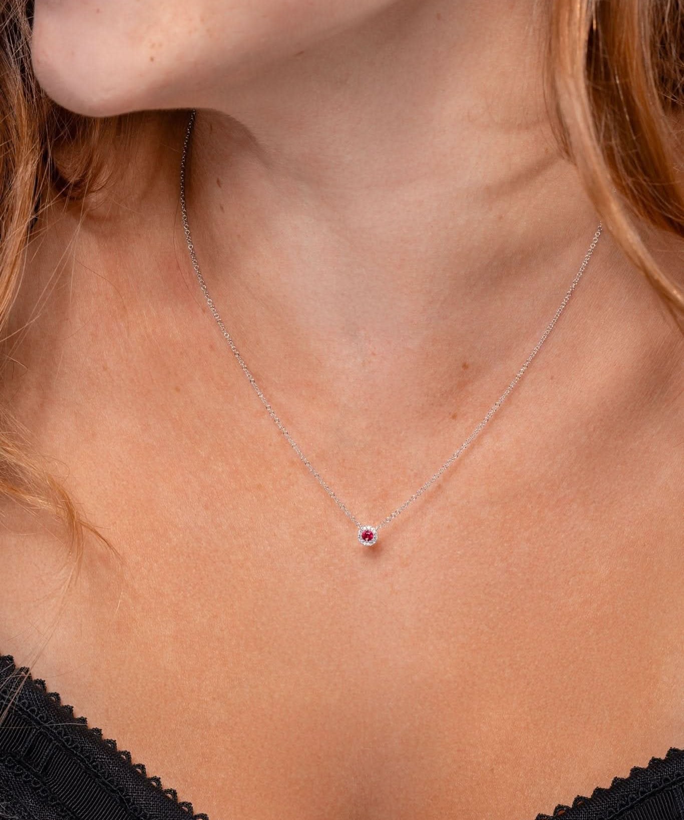 Mini Ruby Diamond Halo Necklace - PBD Necklaces