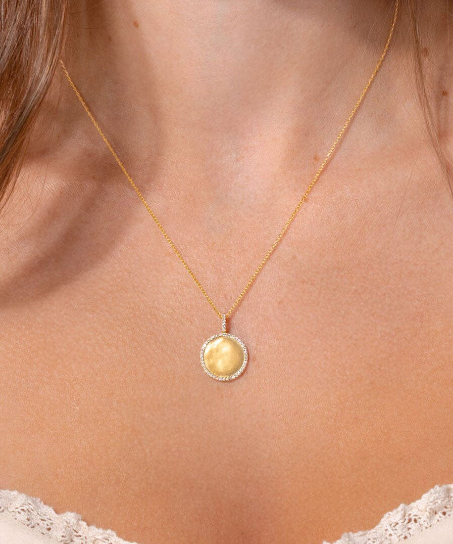 Pavé Diamond Border Engravable Round Pendant Necklaces Princess Bride Diamonds 