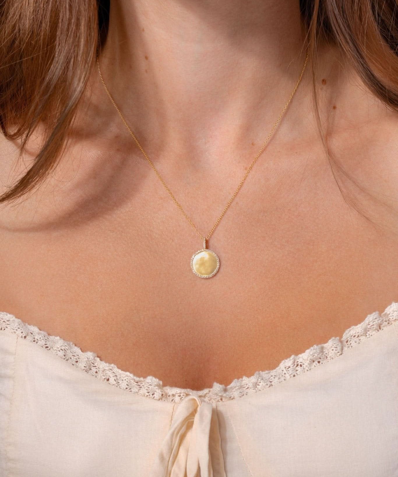 Pavé Diamond Border Engravable Round Pendant - PBD Necklaces