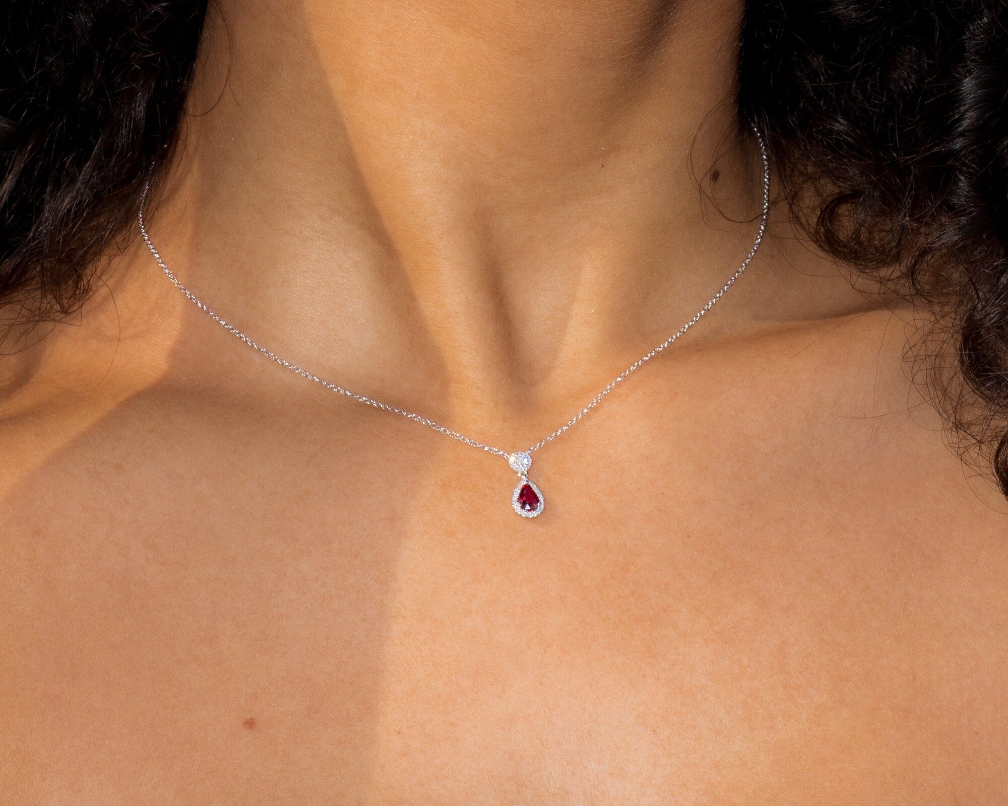 Pear Ruby Diamond Halo Drop Necklace 14k White Gold Necklaces Princess Bride Diamonds 