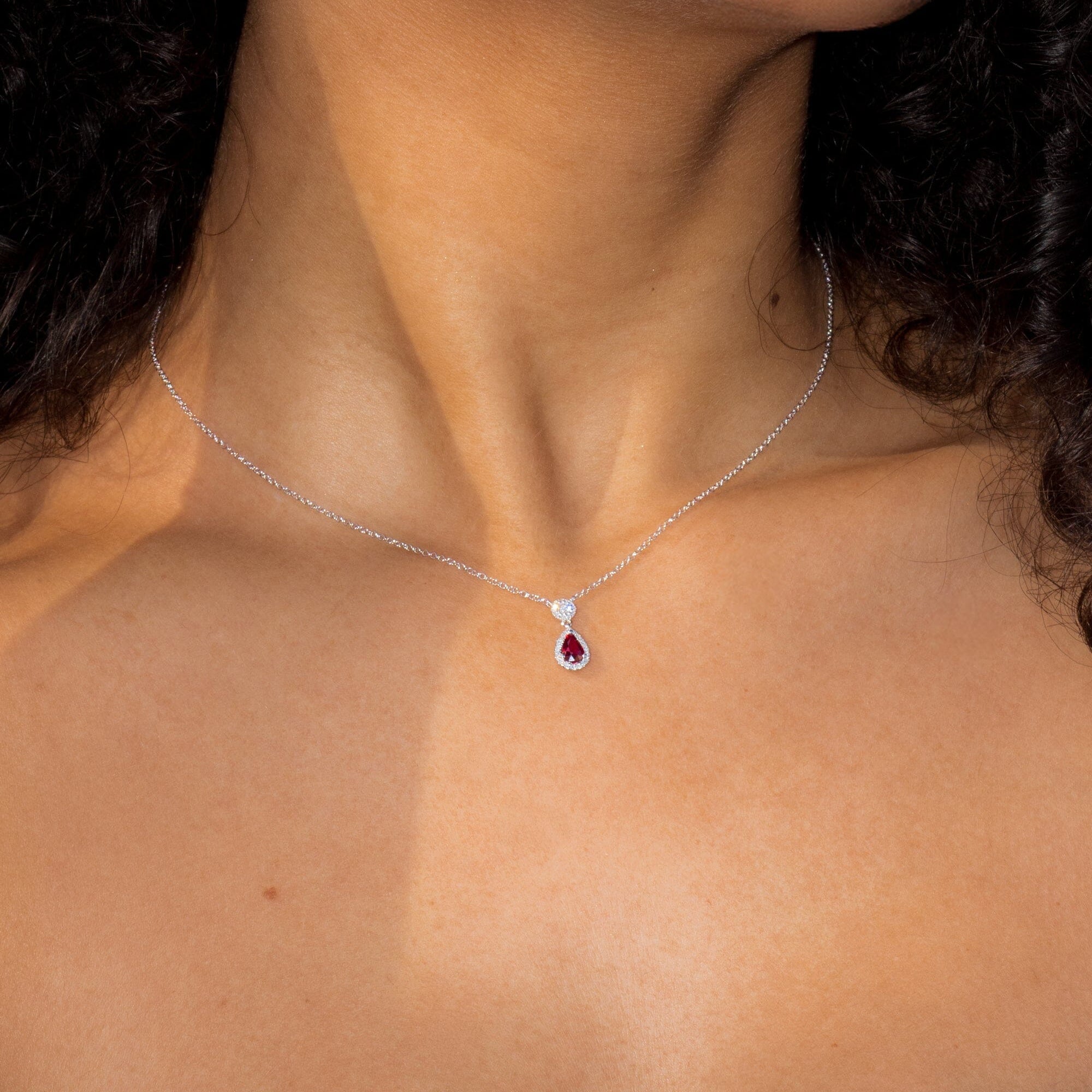 Pear Ruby Diamond Halo Drop Necklace 14k White Gold Necklaces Princess Bride Diamonds 