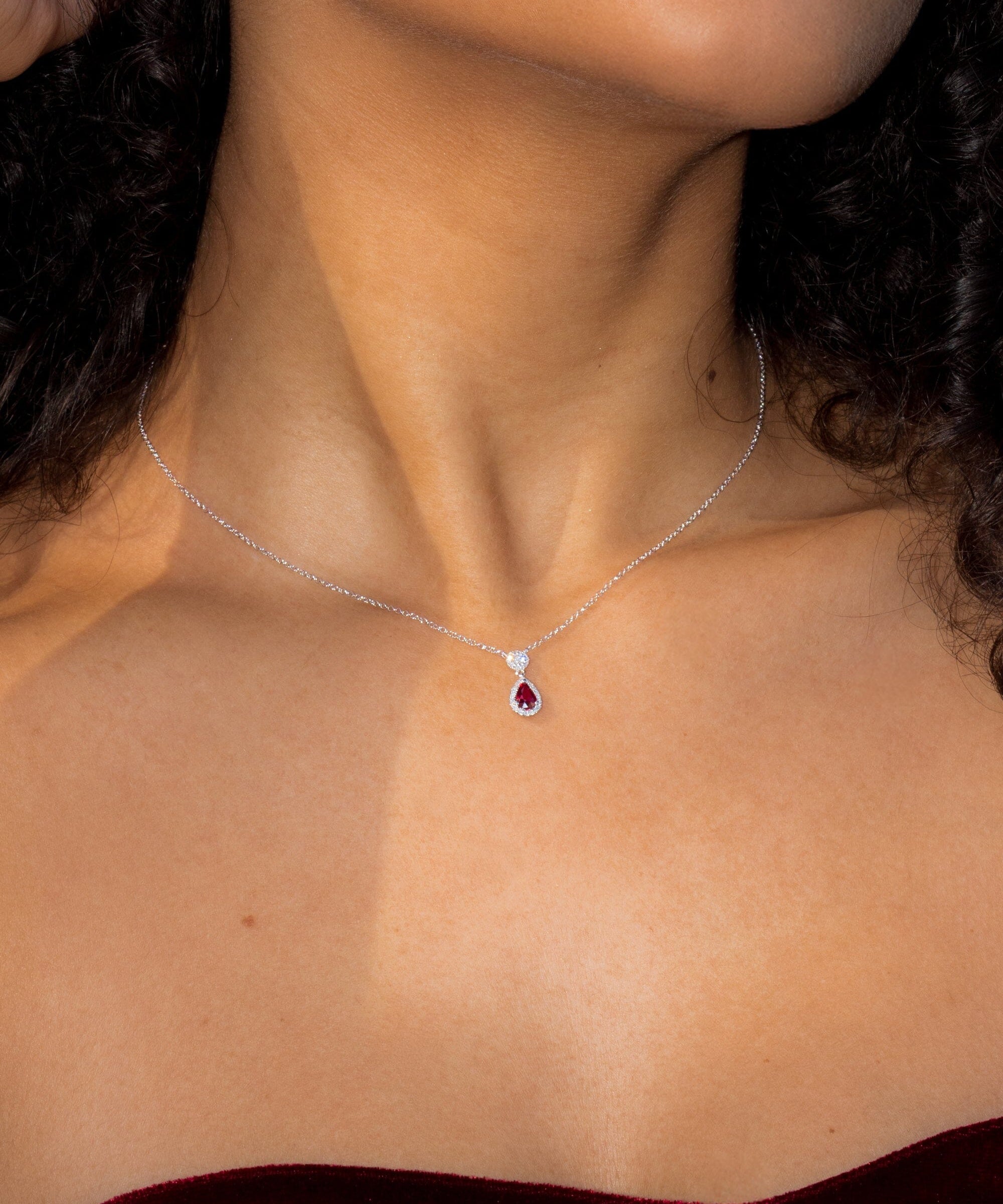 Pear Ruby Diamond Halo Drop Necklace 14k White Gold Necklaces Princess Bride Diamonds 