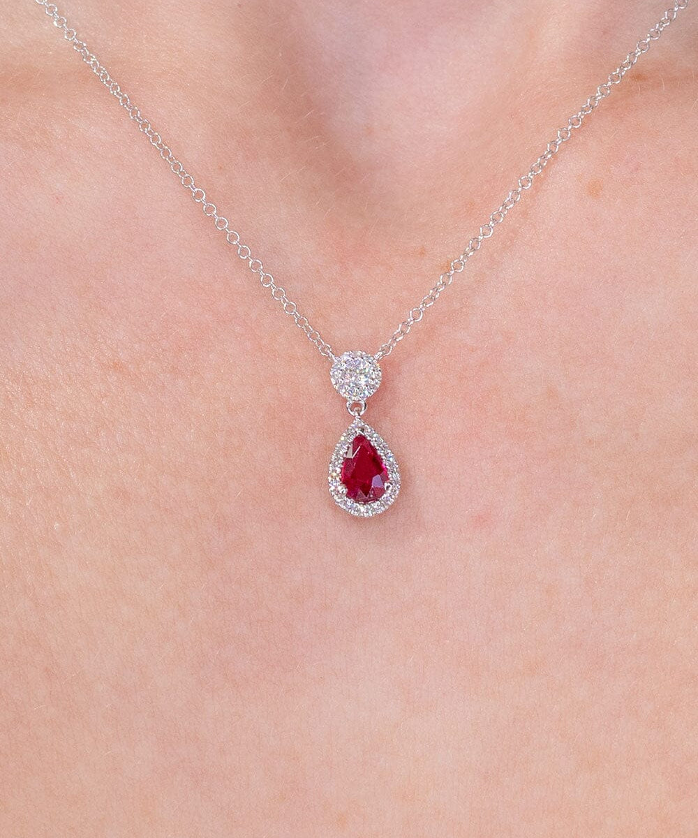 Pear Ruby Diamond Halo Drop Necklace 14k White Gold Necklaces Princess Bride Diamonds 