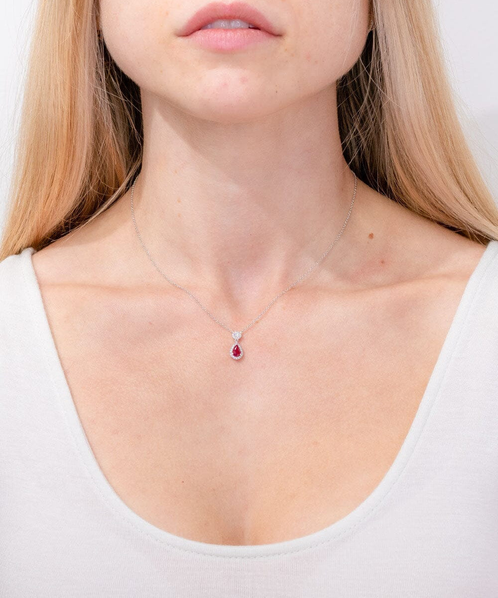 Pear Ruby Diamond Halo Drop Necklace 14k White Gold Necklaces Princess Bride Diamonds 