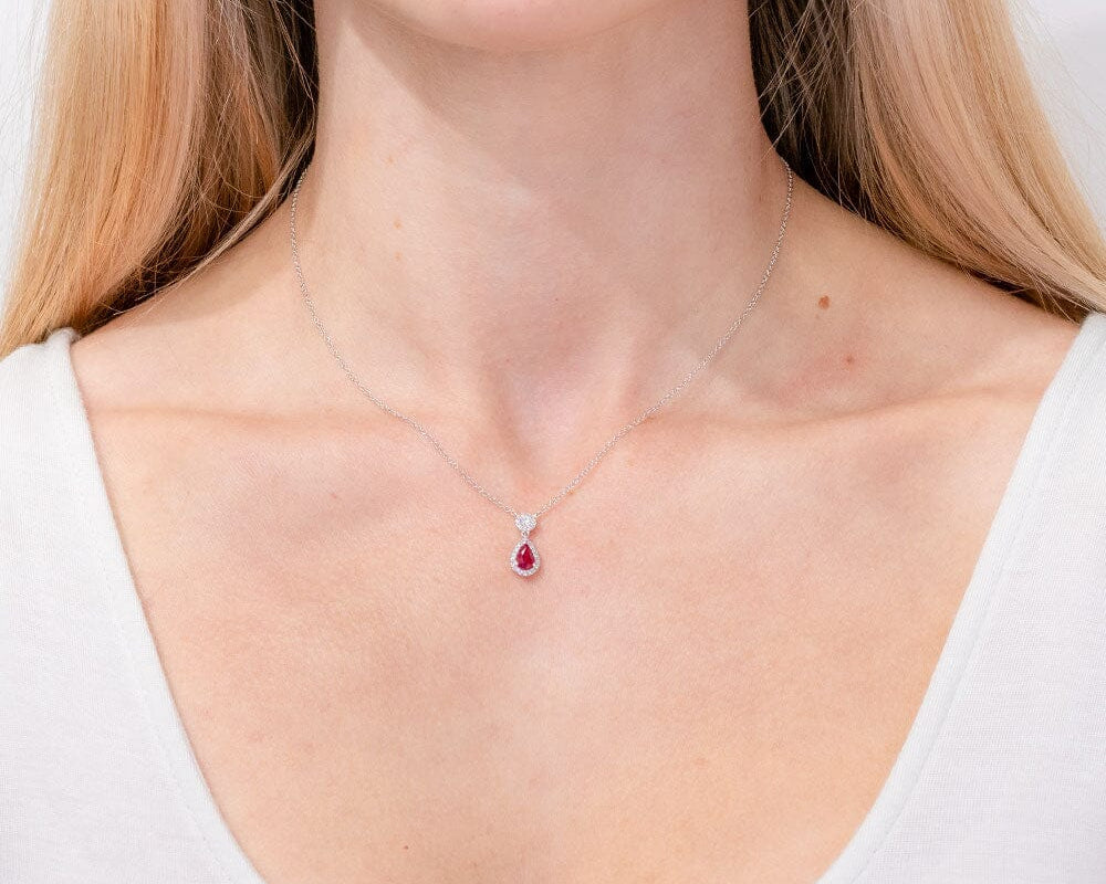 Pear Ruby Diamond Halo Drop Necklace 14k White Gold Necklaces Princess Bride Diamonds 