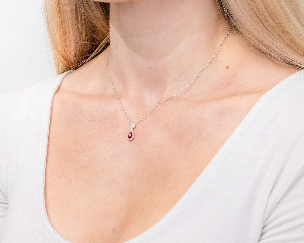 Pear Ruby Diamond Halo Drop Necklace 14k White Gold Necklaces Princess Bride Diamonds 