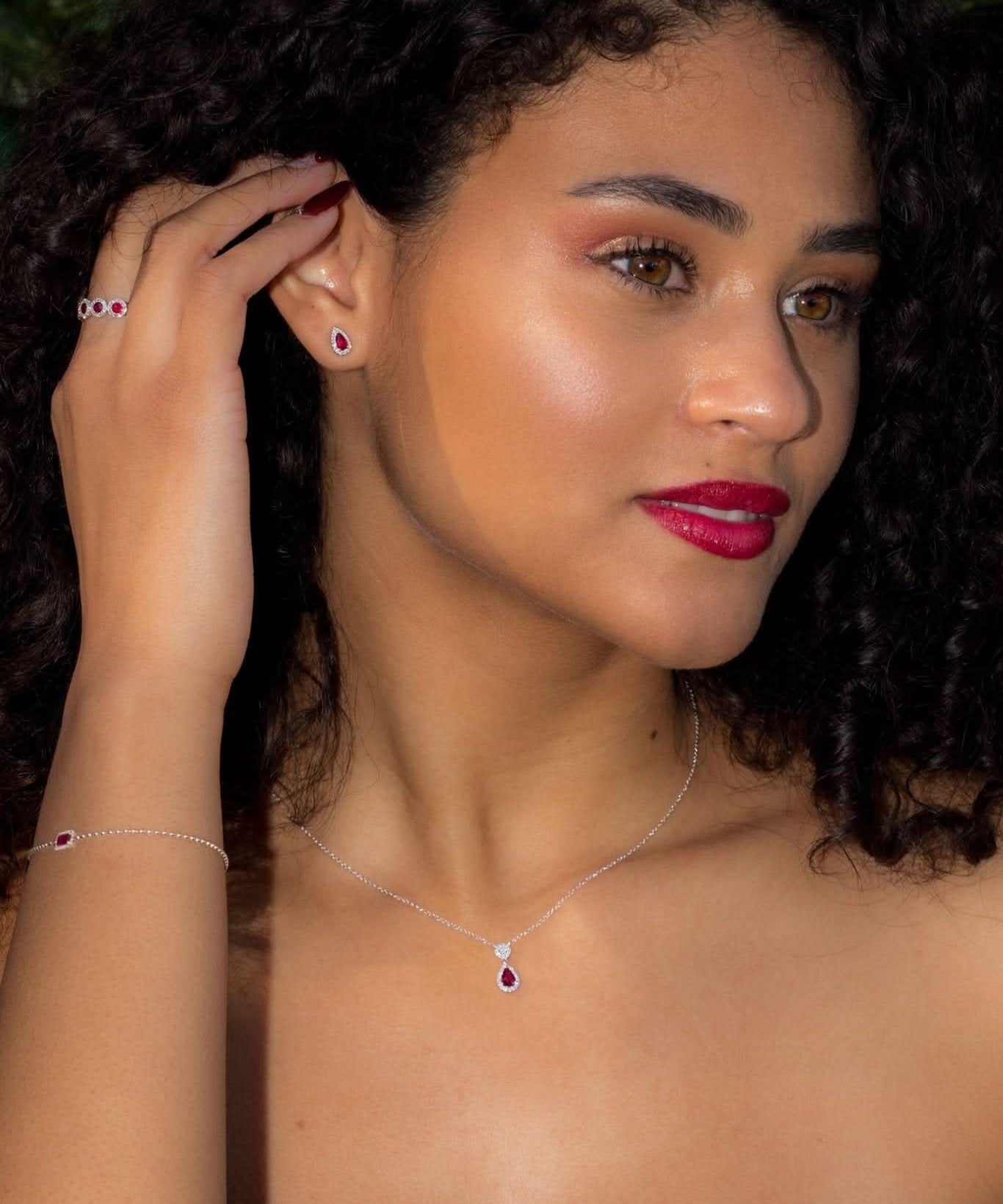 Pear Ruby Diamond Halo Drop Necklace 14k White Gold - PBD Necklaces