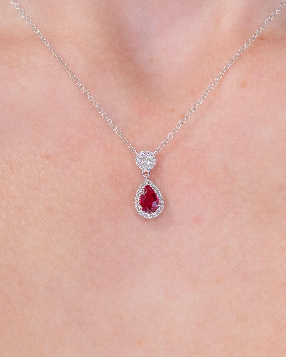 Pear Ruby Diamond Halo Drop Necklace 14k White Gold - PBD Necklaces