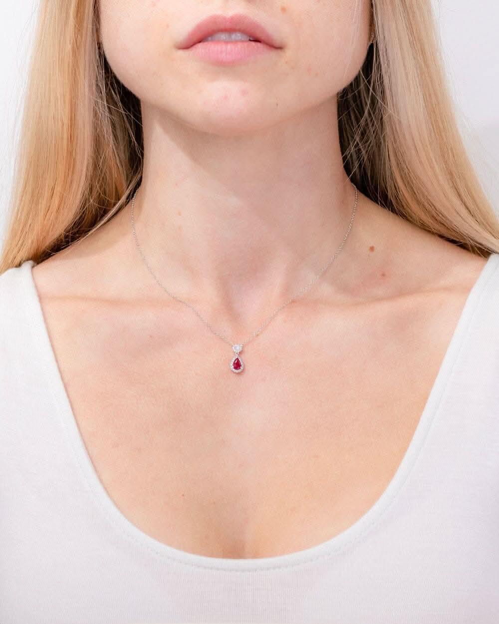 Pear Ruby Diamond Halo Drop Necklace 14k White Gold - PBD Necklaces